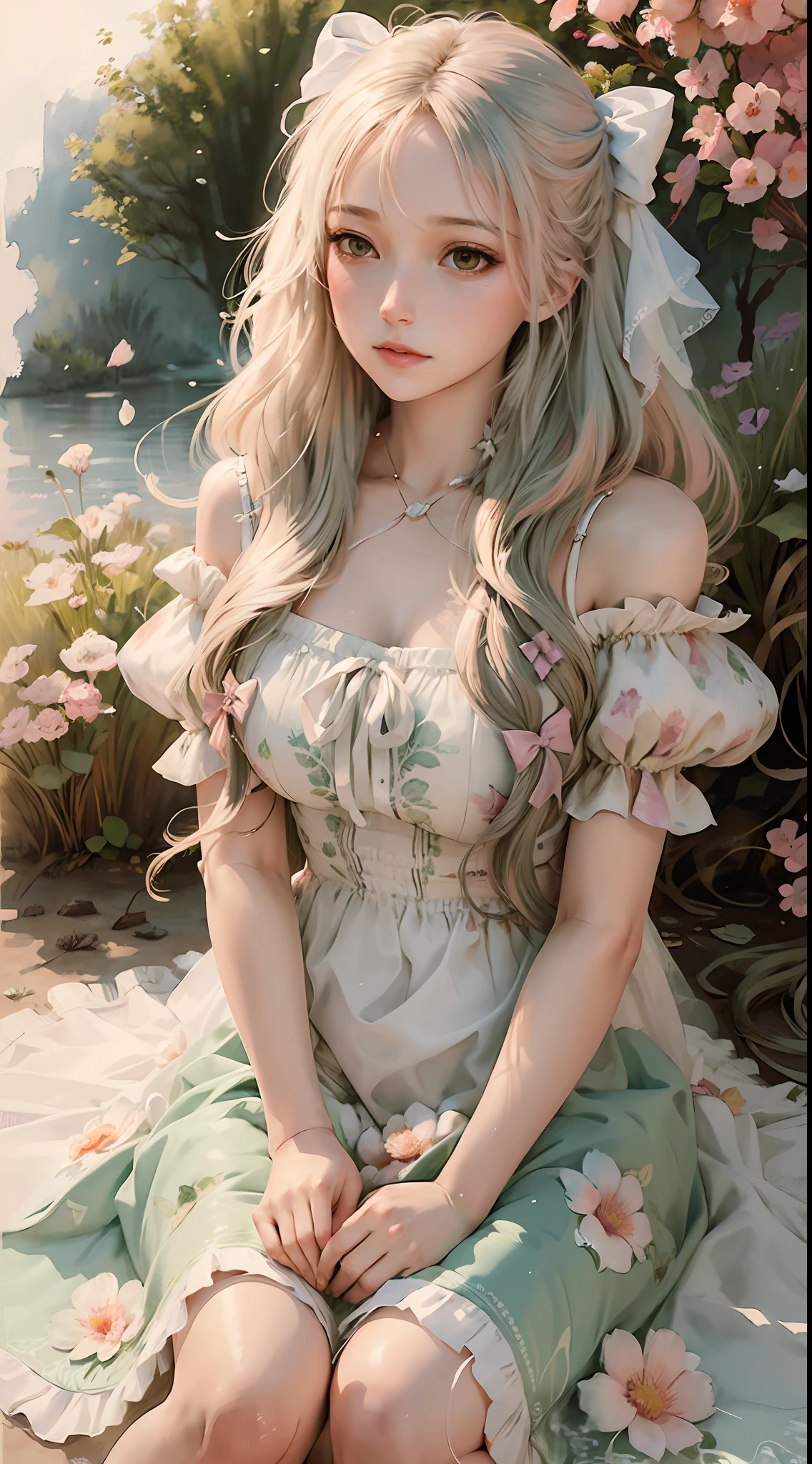 close up, beautiful watercolor-style illustration of a beautiful woman sitting on a grassy hill wearing a flowing dress adorned with ribbons and bows, breeze blow her hair and dress, all while imagining the amazing adventures awaiting her, vivid landscapes