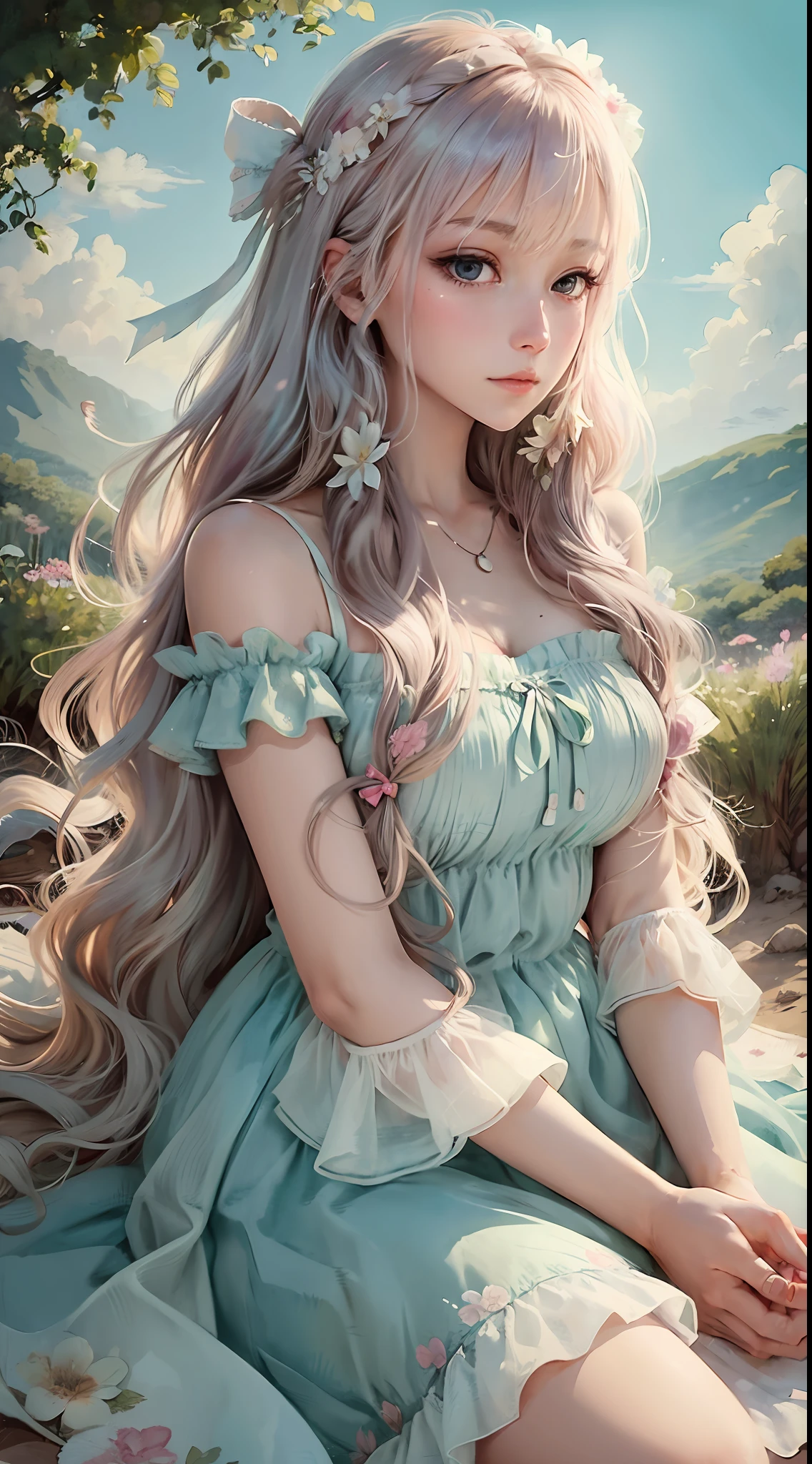 close up, beautiful watercolor-style illustration of a beautiful woman sitting on a grassy hill wearing a flowing dress adorned with ribbons and bows, breeze blow her hair and dress, all while imagining the amazing adventures awaiting her, vivid landscapes