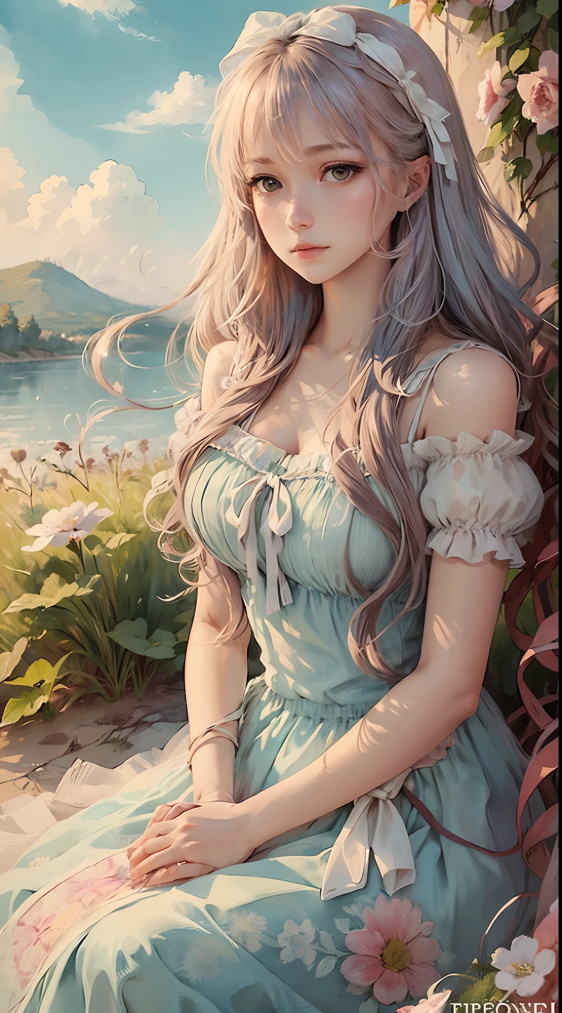 close up, beautiful watercolor-style illustration of a beautiful woman sitting on a grassy hill wearing a flowing dress adorned with ribbons and bows, breeze blow her hair and dress, all while imagining the amazing adventures awaiting her, vivid landscapes