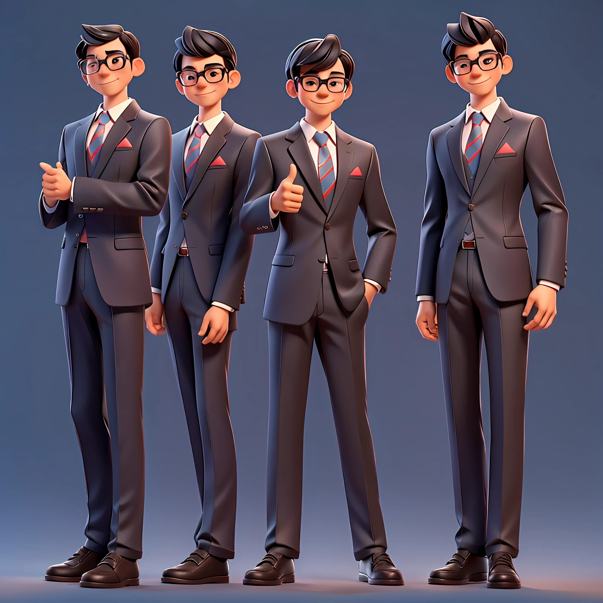 A separate young man, wearing glasses, Asian, very delicate hairstyle, full body, 4 heads, tie, wearing a black suit, happy expression, gesture thumbs up, body standing obliquely 45 degrees, but face facing forward, Disney, 3D, cute character design, IP image, soft light, natural color, dynamic angle, Pixar, cartoon character design, soft edges, best quality, high resolution,