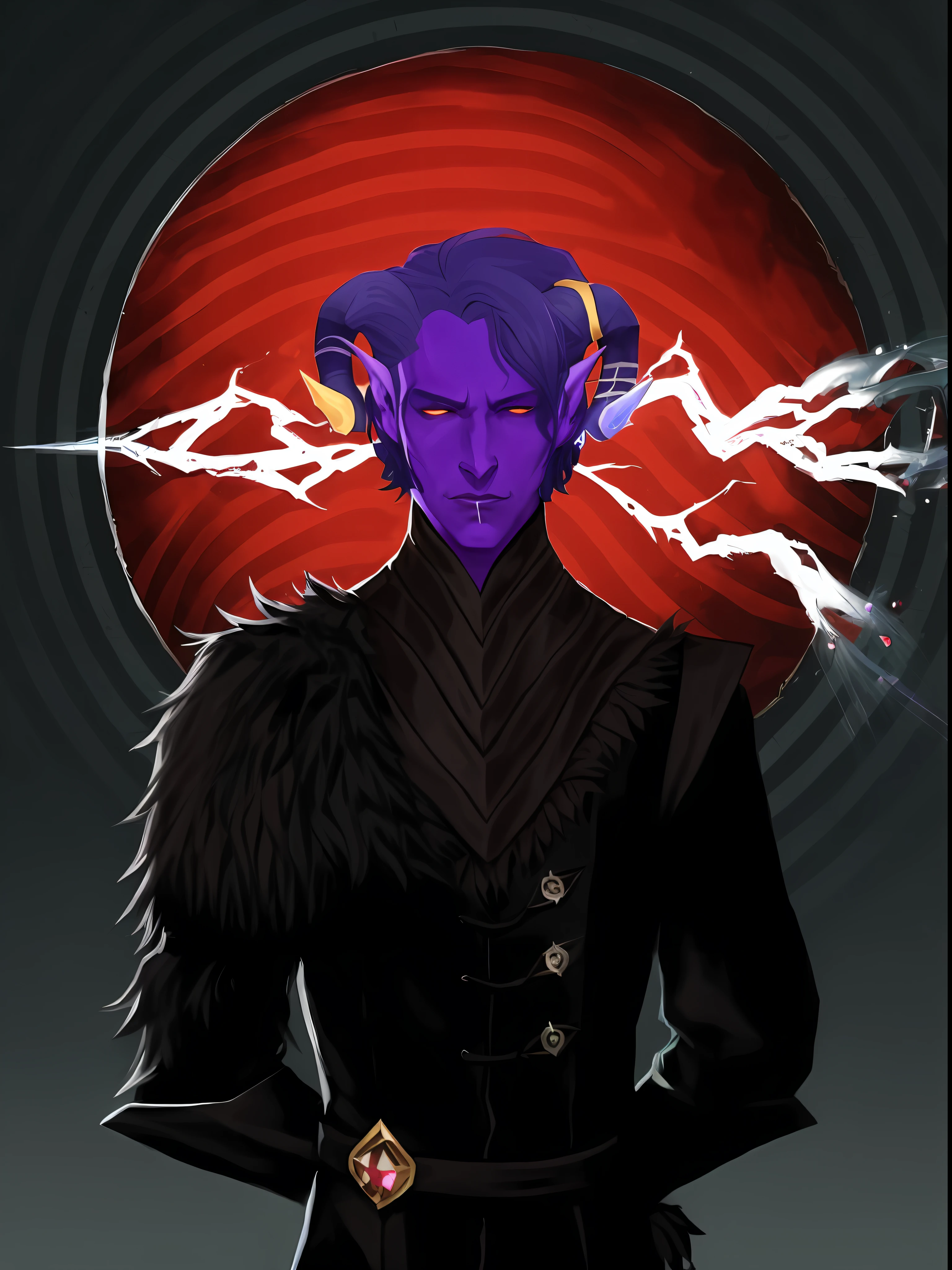 a close up of a person with a purple hair and a black jacket, tiefling, dnd portrait of a tiefling, cosmic tiefling d&d, darksynth character portrait, dnd fantsay art, blue tiefling, inspired in kris from deltarrune, male djinn man demon hybrid, tiefling female warlock, tiefling from d & d