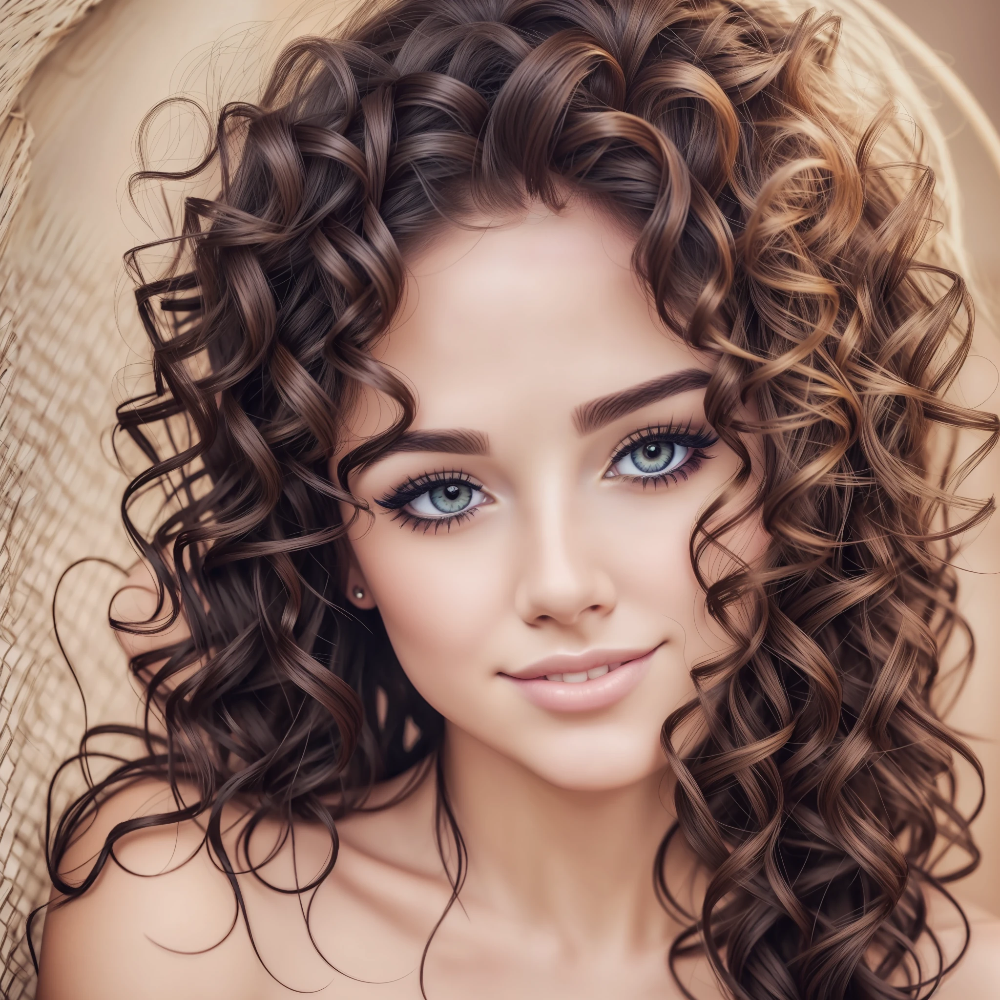 photo, woman (beautiful face:1.1), outlined eyes, delicious lips, (kitten makeup:0.85), smile, wearing dress, brunette skin, curly hair,realistic face, angelic face, black eye --auto --s2