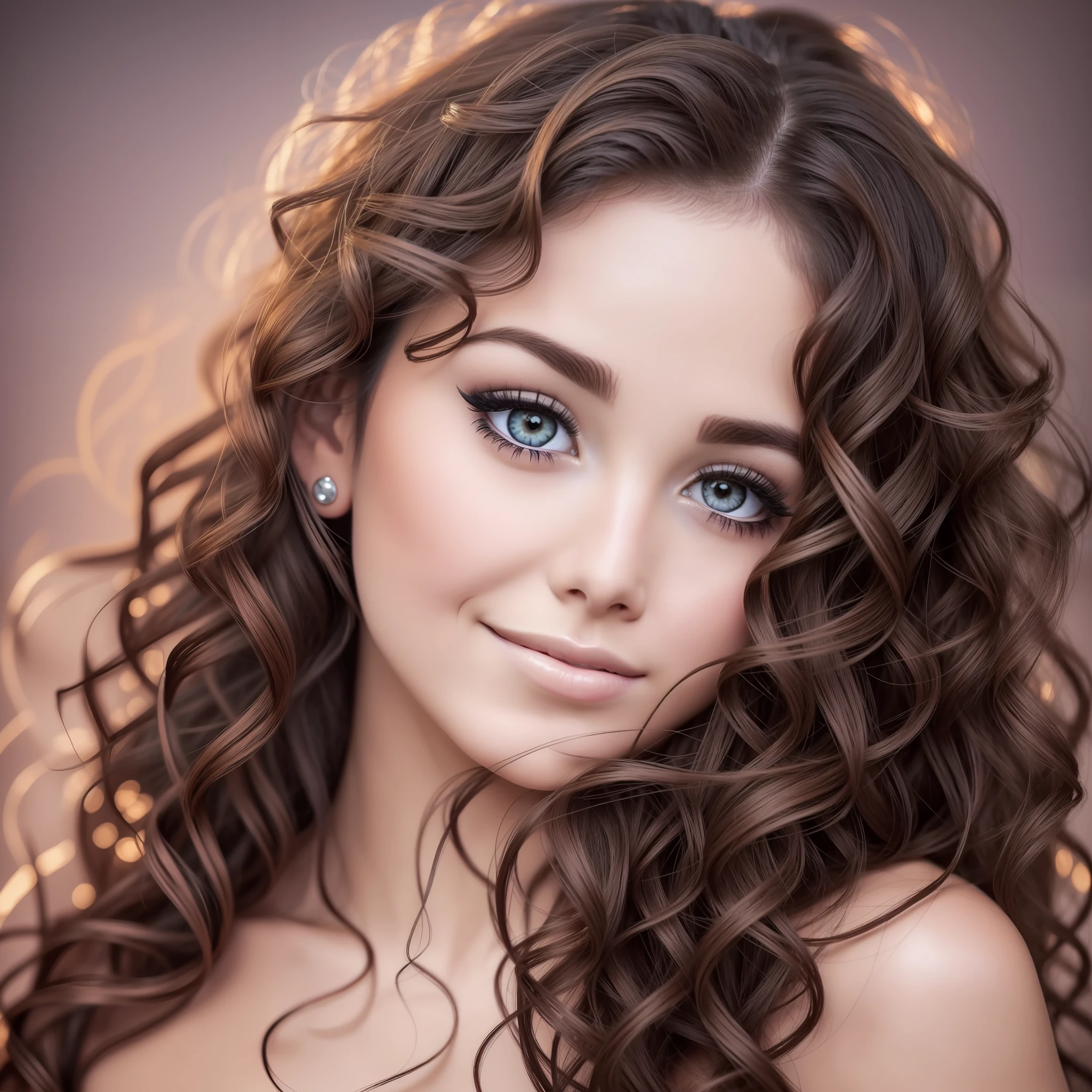 photo, woman (beautiful face:1.1), outlined eyes, delicious lips, (kitten makeup:0.85), smile, wearing dress, brunette skin, curly hair,realistic face, angelic face, black eye --auto --s2