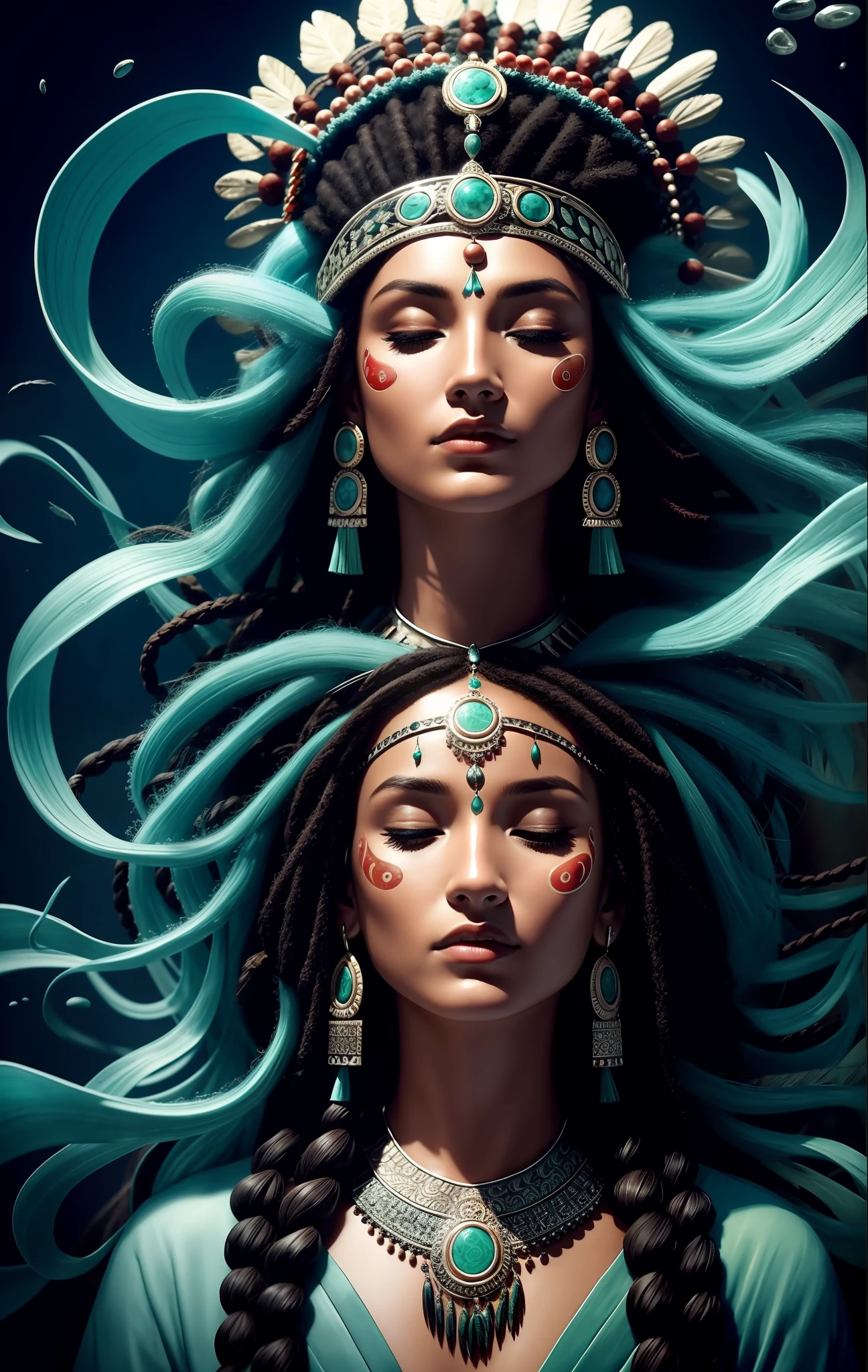 Meditation,full portrait), (half photo), solo, detailed background, detailed face, (stonepunkAI, stone theme:1.1), sage, (female), (Native American), (beautiful hair, braids:0.2), shaman, septum piercing, mystic, (beautiful face), head tilted upwards, (eyes closed, serene expression), calm, meditating, Seafoam Green worn clothes, prayer beads, tribal jewelry, feathers in hair, jade, obsidian, detailed clothes,  realistic skin texture, (floating particles, water swirl, embers, ritual, whirlpool, wind: 1.2), sharp focus, volumetric lighting, good highlights, good shading, subsurface scattering, intricate, highly detailed, ((cinematic)), dramatic, (highest quality, award-winning, masterpiece:1.5), (photorealistic: 1.5), (intricate symmetrical warpaint),
