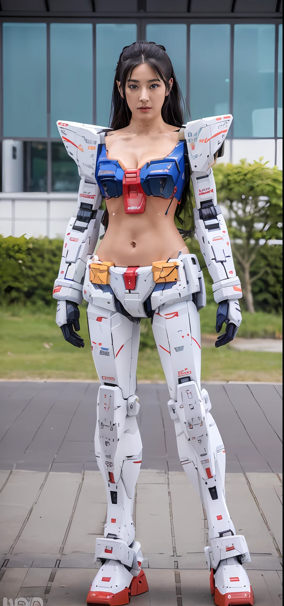 dam (RX78\), Ultra High Definition, Best Quality, Photography, 4K, (Photorealistic:1.4), 1 Girl, Solo,Beautiful Girl), Black Hair, Beautiful Face, Beautiful Eyes, (Small Face Slim) (Cleavage Exposed), (Navel Exposed), (Arm Exposed), (Thighs Exposed) (White, Blue, Red, Color Bikini-style Gun-style Mecha Armor), Makuhari Messe Cosplay Venue, Mecha Armor, depth of field, motion line, perky breasts, bra lift, chest slip, full body, standing,