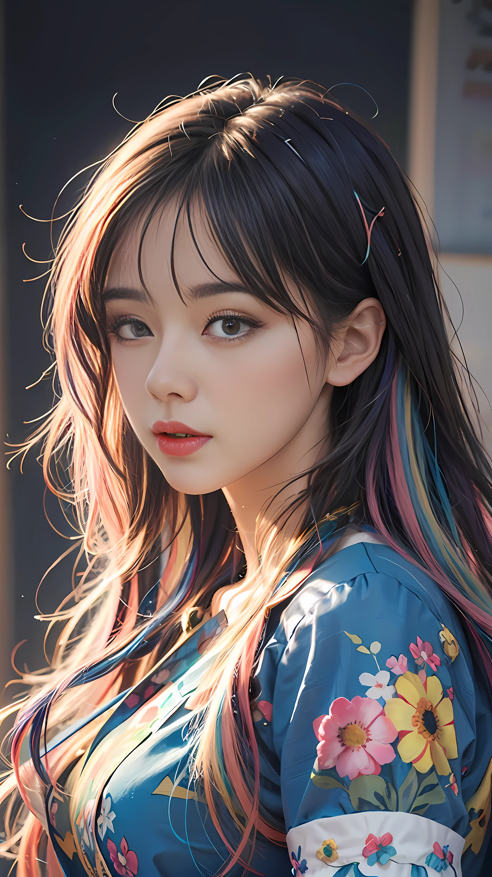 Realistic girl with colorful hair and a colorful dress, rossdraws pastel vibrant, realistic vibrant, realistic  4 k, beautiful realistic girl portrait, artgerm colorful!!!, ! dream artgerm, beautiful girl, realistic styled digital art,wallpaper 4 k, digital realistic art, extremely detailed realistic