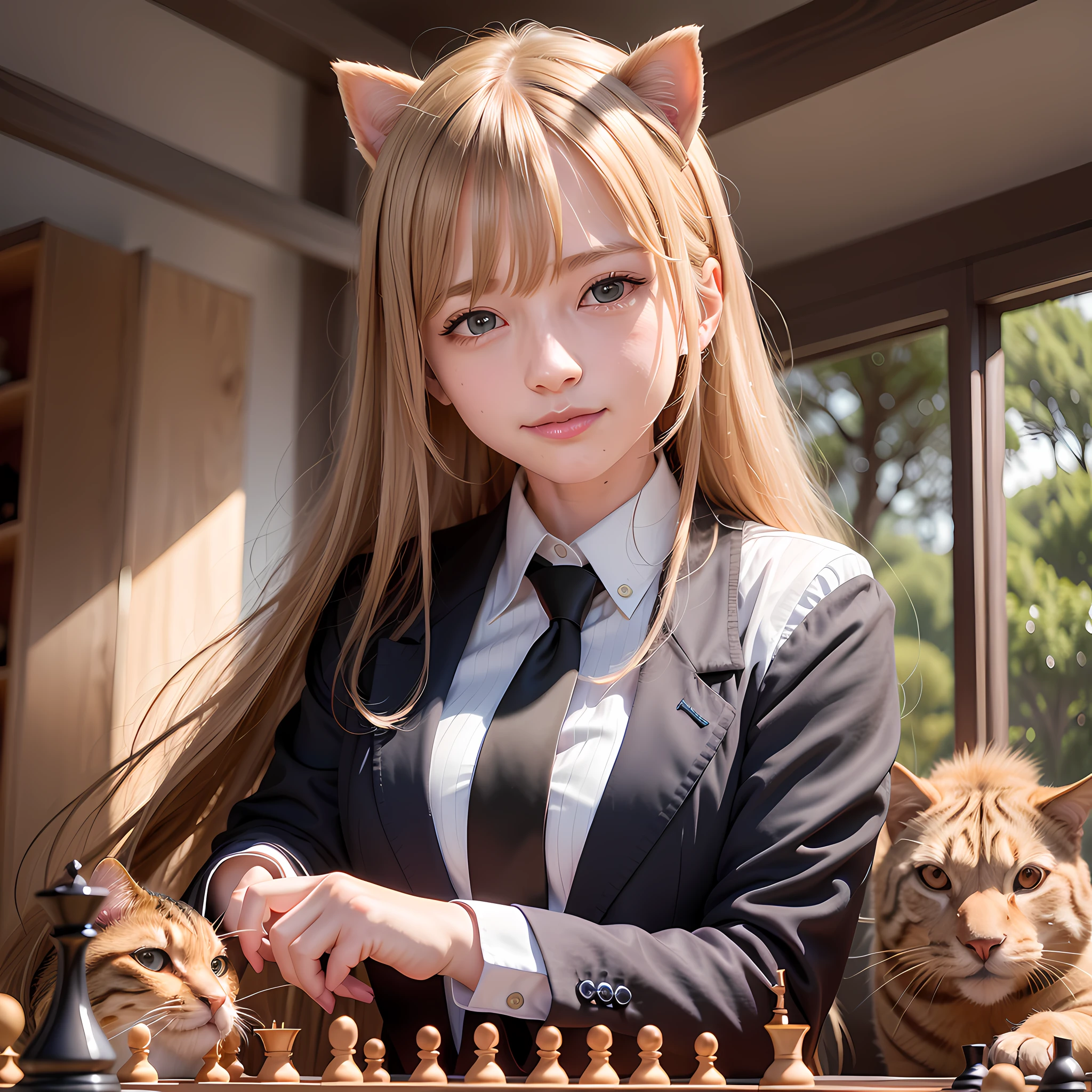 blond haired girl in a suit and tie playing chess with a dog, attractive cat girl, cat playing chess looking wise, !!playing chess!!, anime girl in real life, cats playing chess, anime girl cosplay, beautiful young catgirl, very beautiful anime cat girl, professional cosplay, cosplay photo, anime cosplay, beautiful anime catgirl, anime catgirl