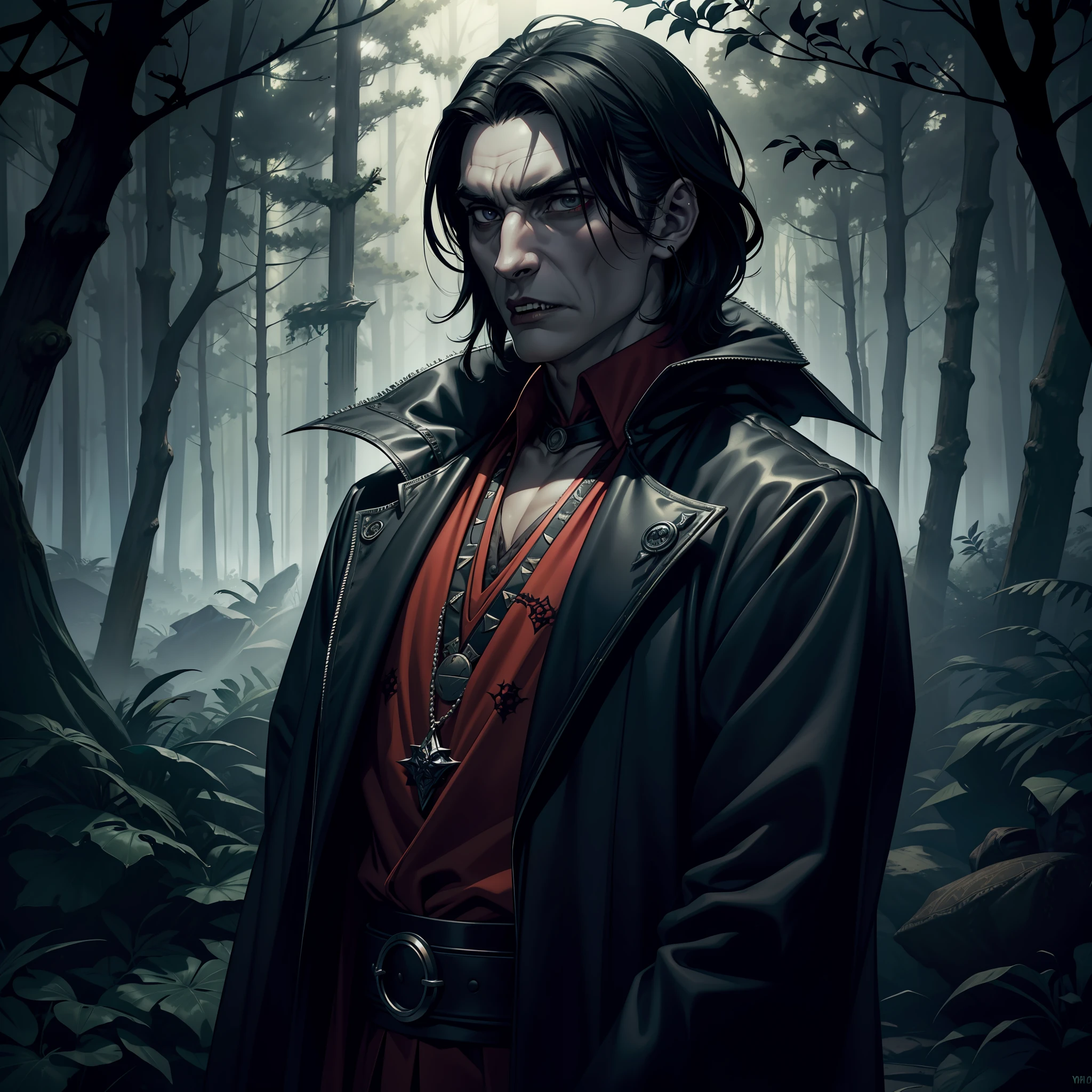 (extremely detailed 8k wallpaper), dark theme, Vampire the Masquerade, modern horror, 2020s, old man, Peruvian descent, wearing old Aztec clothes, sharp focus, (subsurface scattering:1.1), award-winning photography, centered face, native face of the Aztec people, (((a vampire Hecata))), half-body shot:1.1, short black hair, dark eyes, contemplative expression, interior of a forest at night with ghosts and spirits around,  dramatic lighting