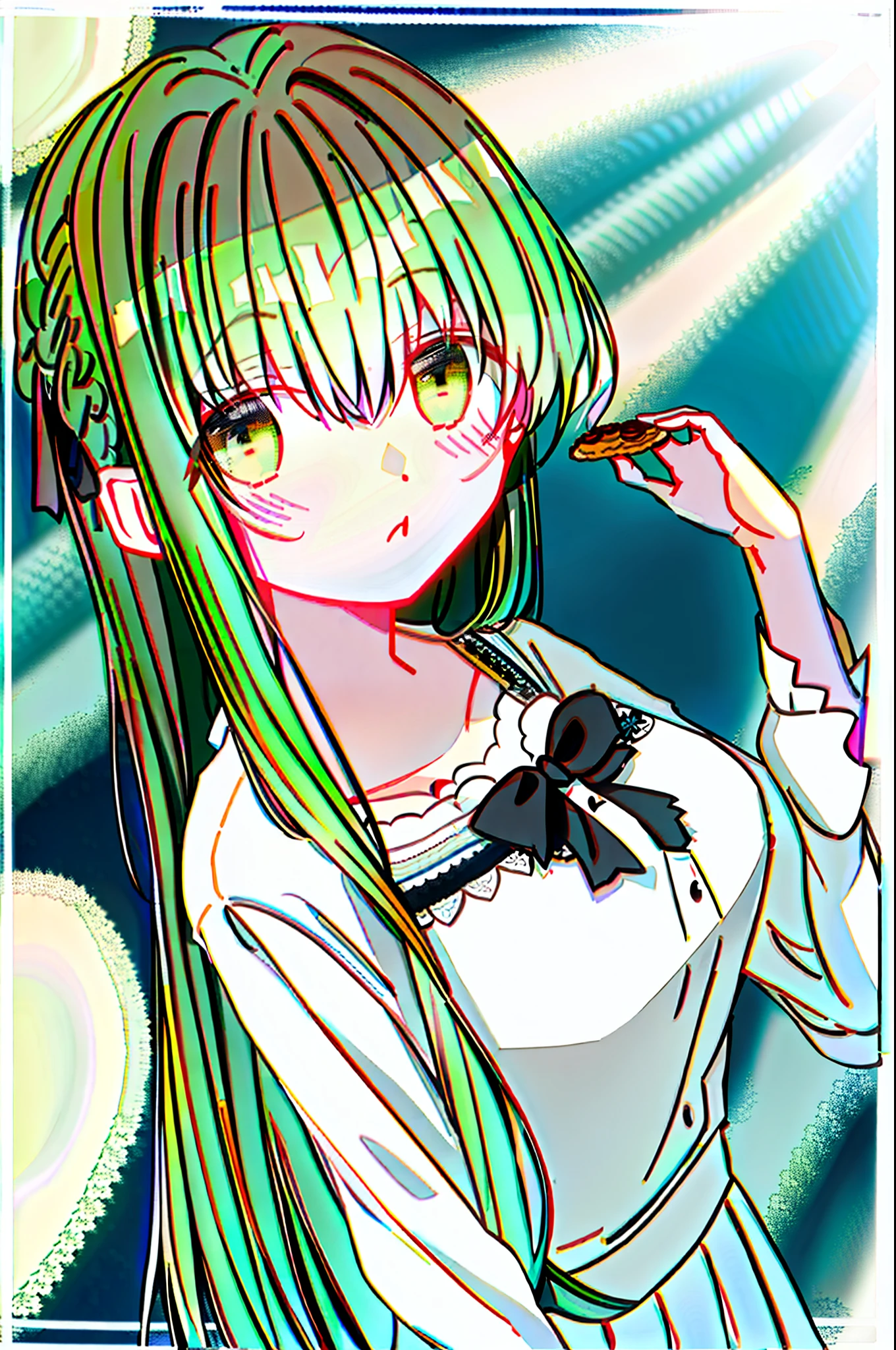 cecilia, 1girl, alternative hairstyle, bangs, black ribbon, border, braid, collarbone, dutch angle, food, green eyes, green hair, headband, hands up, heart, holding, holding food, lace, lace-trimmed shirt ,lace - trimmed sleeves, lace, long hair, looking at viewer, ribbon, shirt, single color, stripes, hair tie, two-color ribbon, white trim, white ribbon, white shirt, yellow bottom