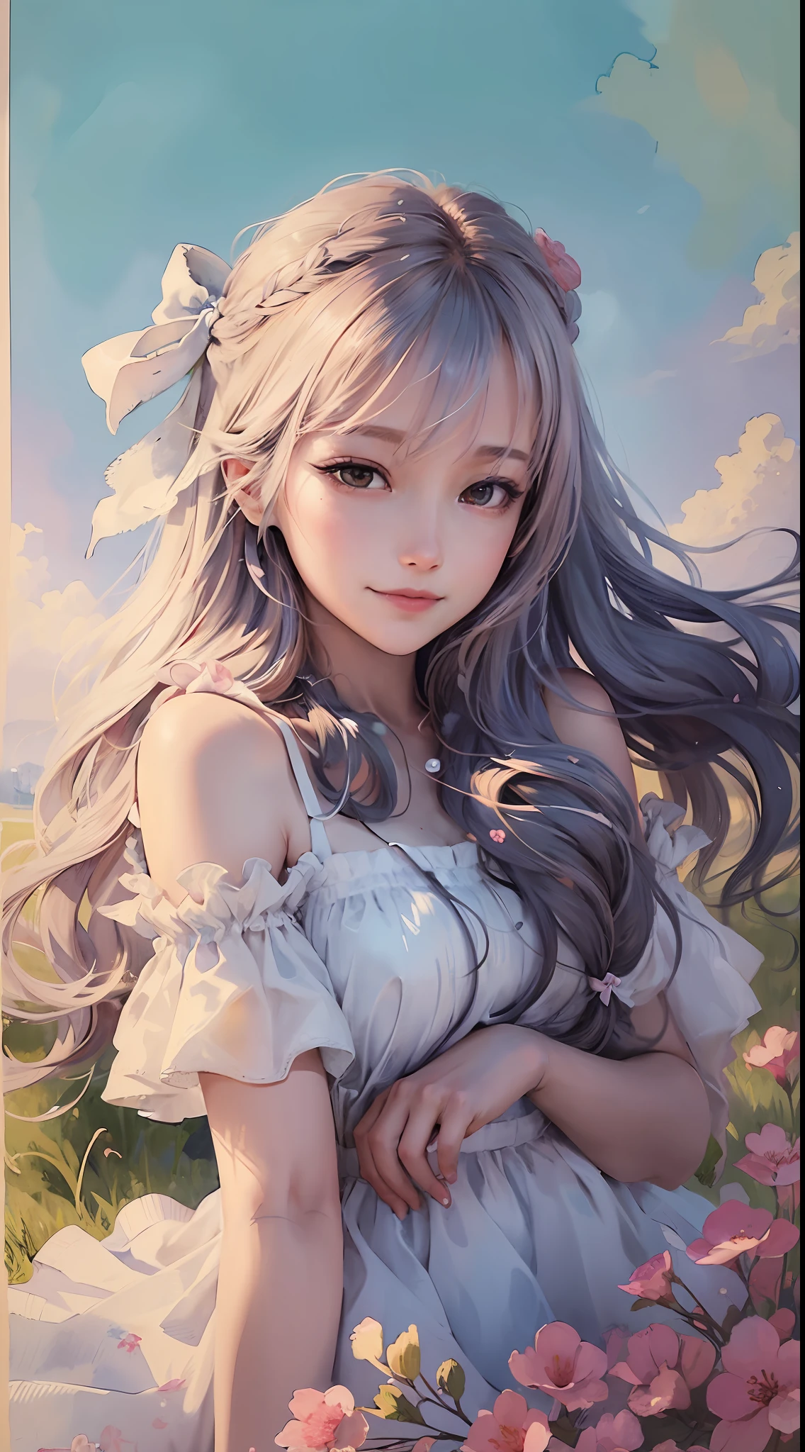 close up, beautiful watercolor-style illustration of a beautiful woman sitting on a grassy hill wearing a flowing dress adorned with ribbons and bows, breeze blow her hair and dress, all while imagining the amazing adventures awaiting her, vivid landscapes, look viewer, smiling