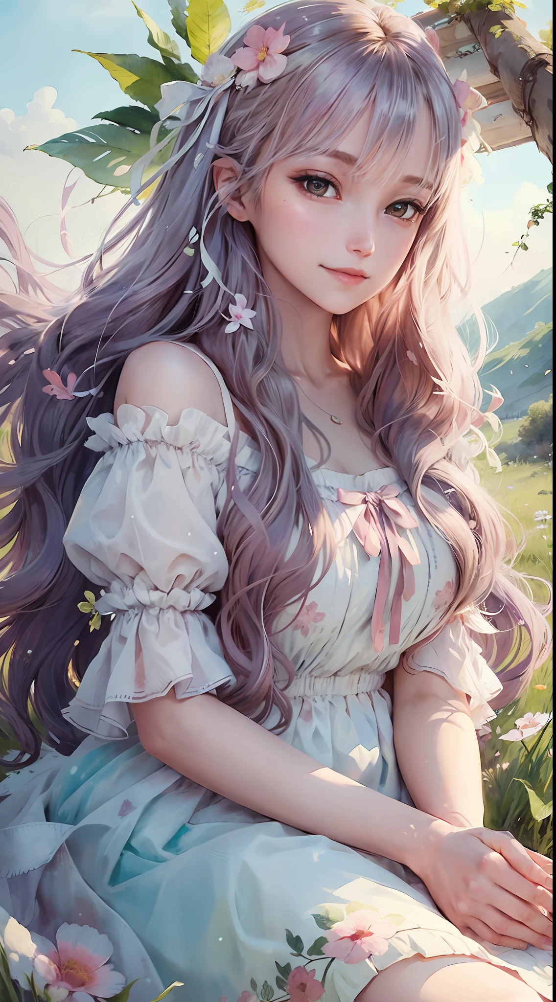 close up, beautiful watercolor-style illustration of a beautiful woman sitting on a grassy hill wearing a flowing dress adorned with ribbons and bows, breeze blow her hair and dress, all while imagining the amazing adventures awaiting her, vivid landscapes, look viewer, smiling