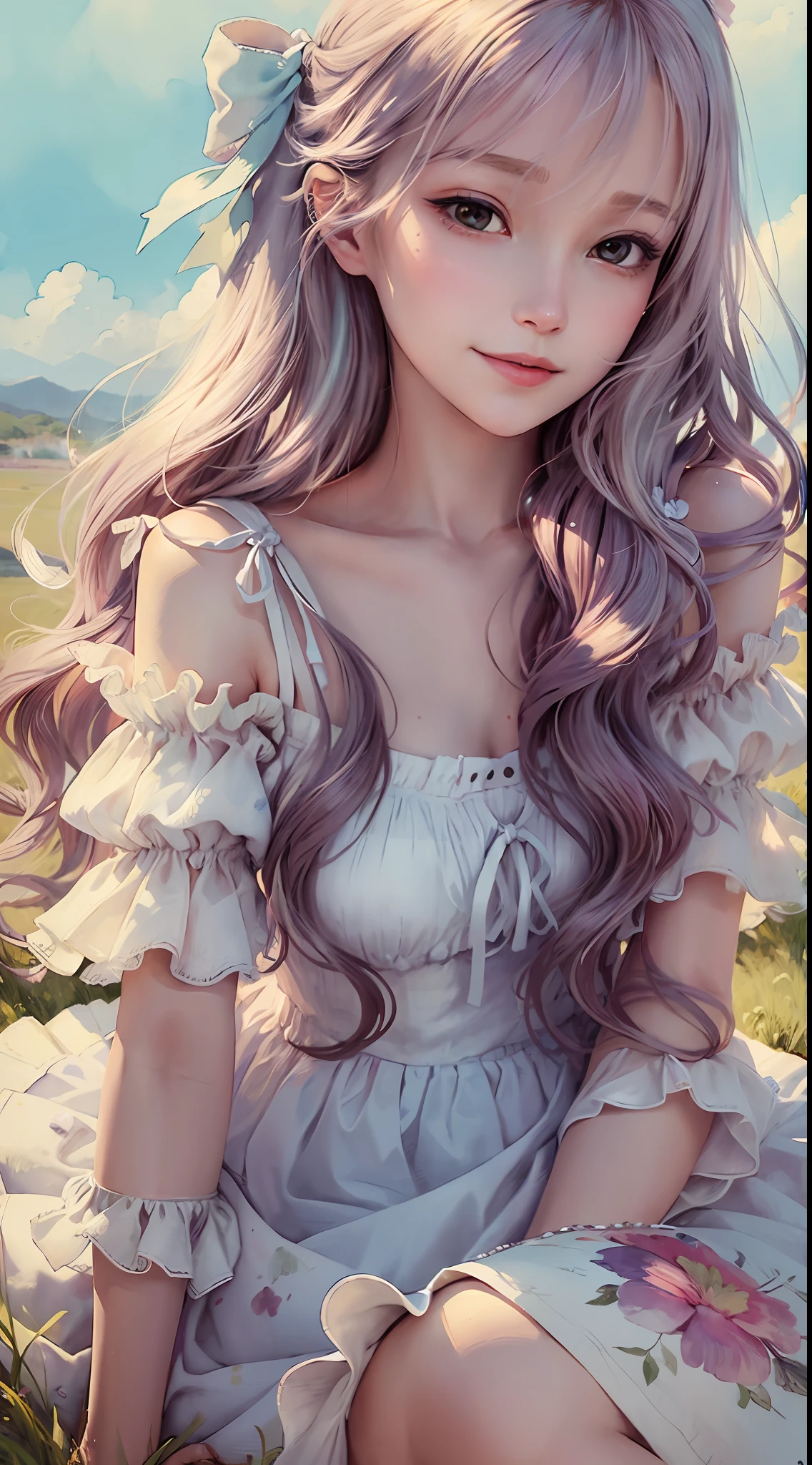 close up, beautiful watercolor-style illustration of a beautiful woman sitting on a grassy hill wearing a flowing dress adorned with ribbons and bows, breeze blow her hair and dress, all while imagining the amazing adventures awaiting her, vivid landscapes, look viewer, smiling