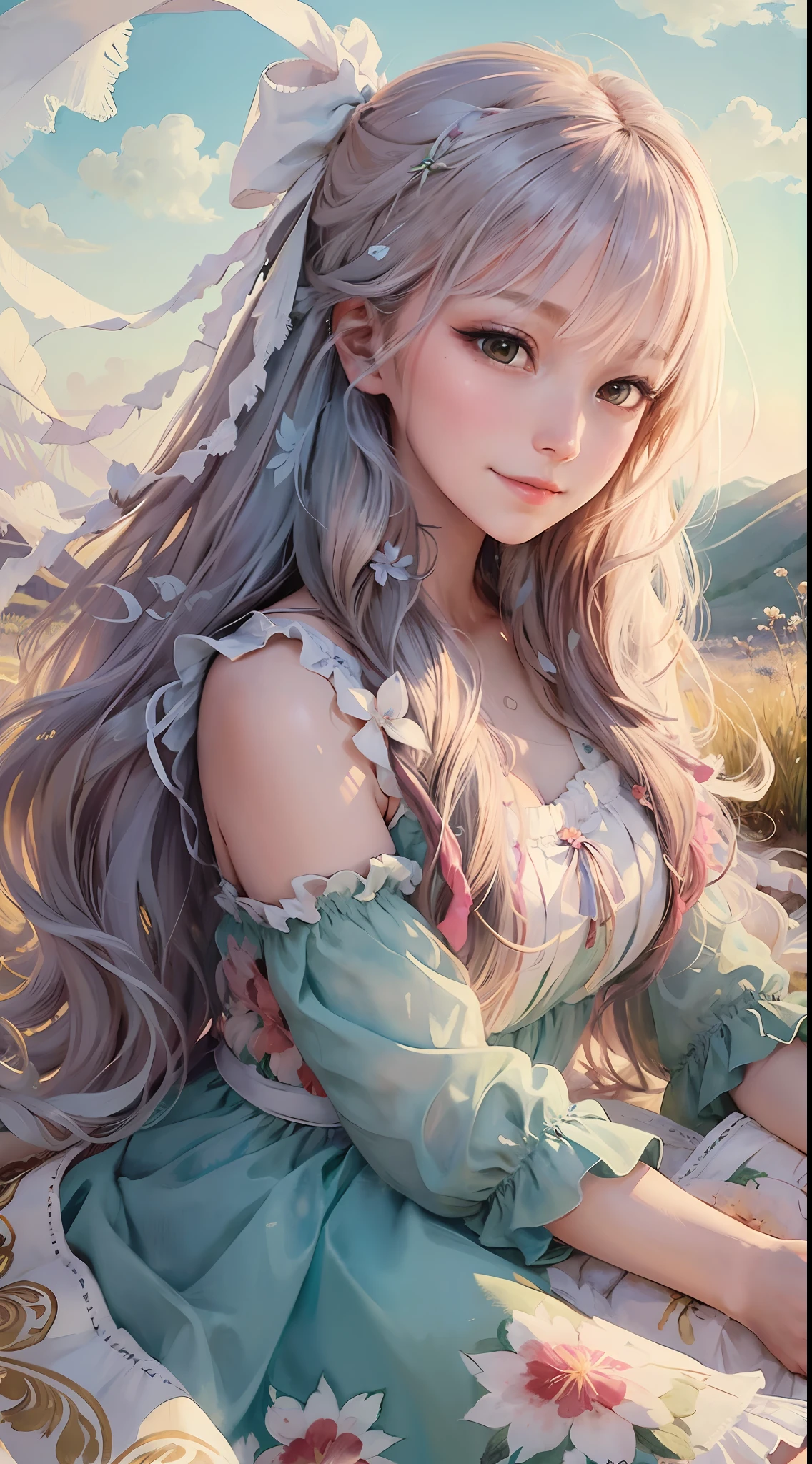 close up, beautiful watercolor-style illustration of a beautiful woman sitting on a grassy hill wearing a flowing dress adorned with ribbons and bows, breeze blow her hair and dress, all while imagining the amazing adventures awaiting her, vivid landscapes, look viewer, smiling