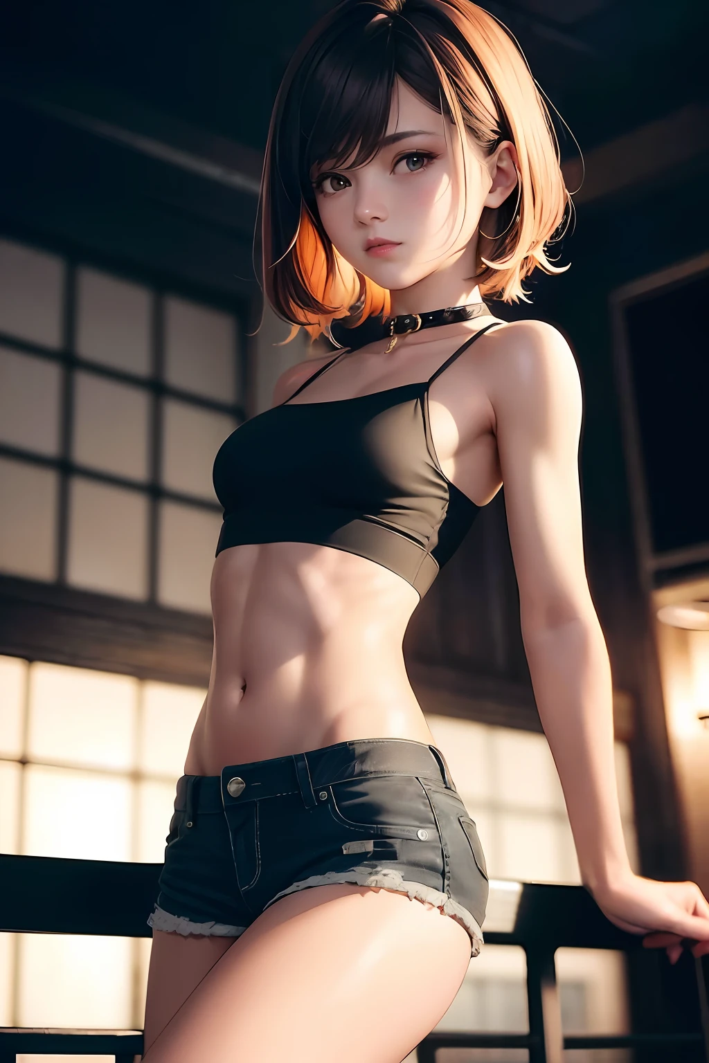 ((medium chest, tomboy, small head)), (well-defined abs: 1.1), (perfect body: 1.1), (realistic), red hair, collar, chain, full body photo, wearing white blouse, roller online ((shorts)), (extremely detailed CG 8k wallpaper), (extremely delicate and beautiful), (masterpiece), (best quality: 1.0), (super high resolution: 1.0), beautiful lighting, perfect lighting, realistic shadows, [high resolution], delicate skin,   ultra-detailed ((color)))