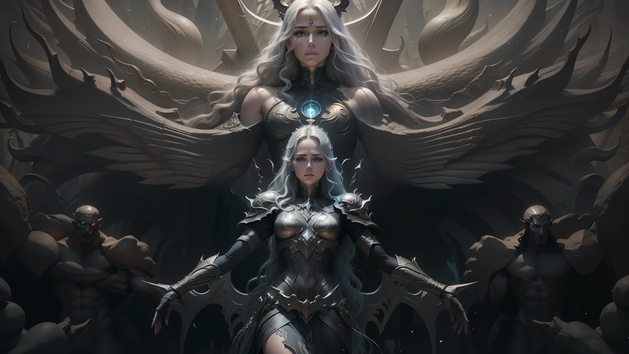 a close up of a person standing in front of a statue, abaddon and magali villeneuve, symmetrical artwork. cinematic, nekro, in screenshot from the 300 movie, konami concept art, elves, aum, by Zoltán Nuridsány, by Mihály Munkácsy, andromorphic --auto --s2