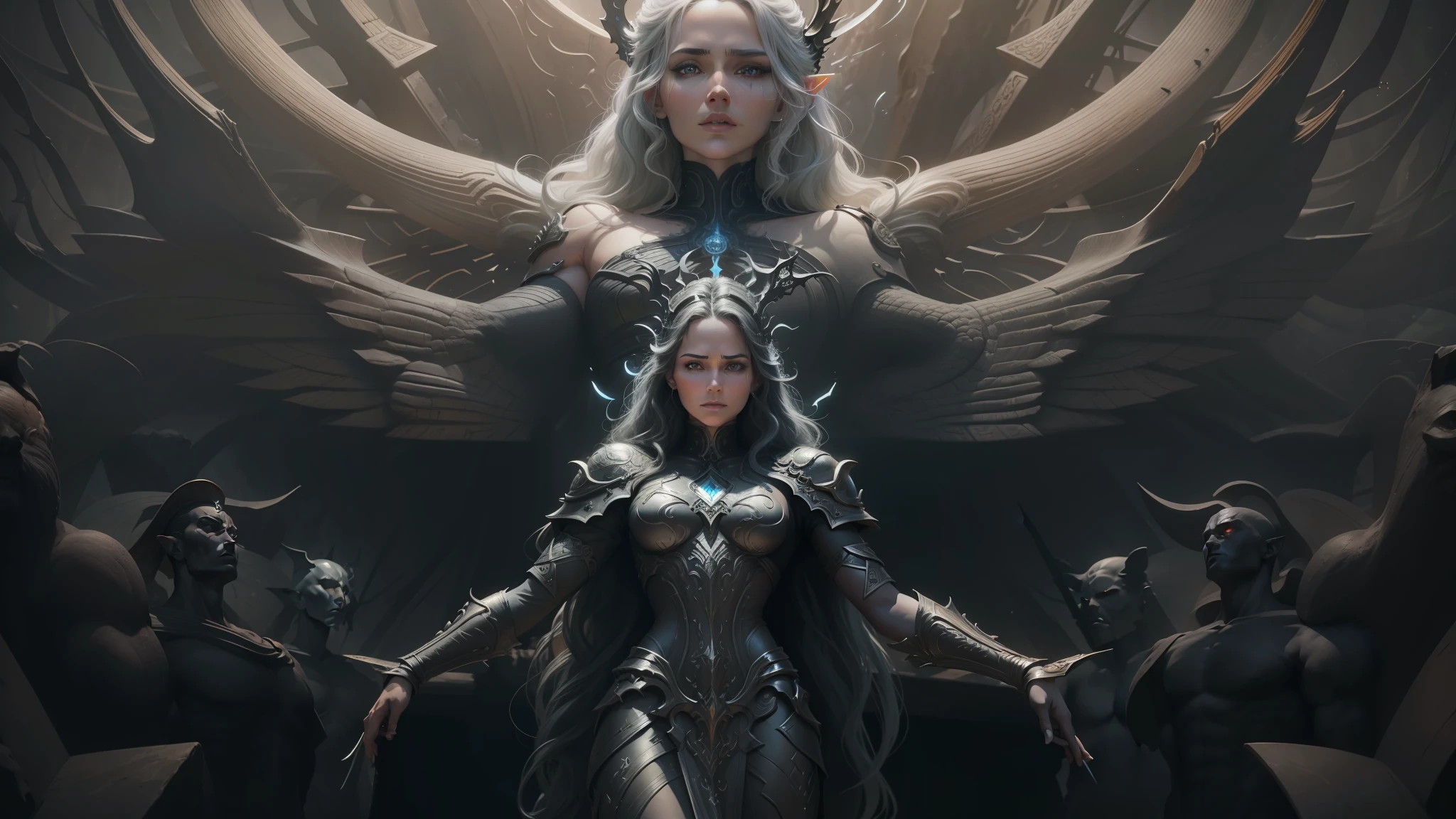 a close up of a person standing in front of a statue, abaddon and magali villeneuve, symmetrical artwork. cinematic, nekro, in screenshot from the 300 movie, konami concept art, elves, aum, by Zoltán Nuridsány, by Mihály Munkácsy, andromorphic --auto --s2
