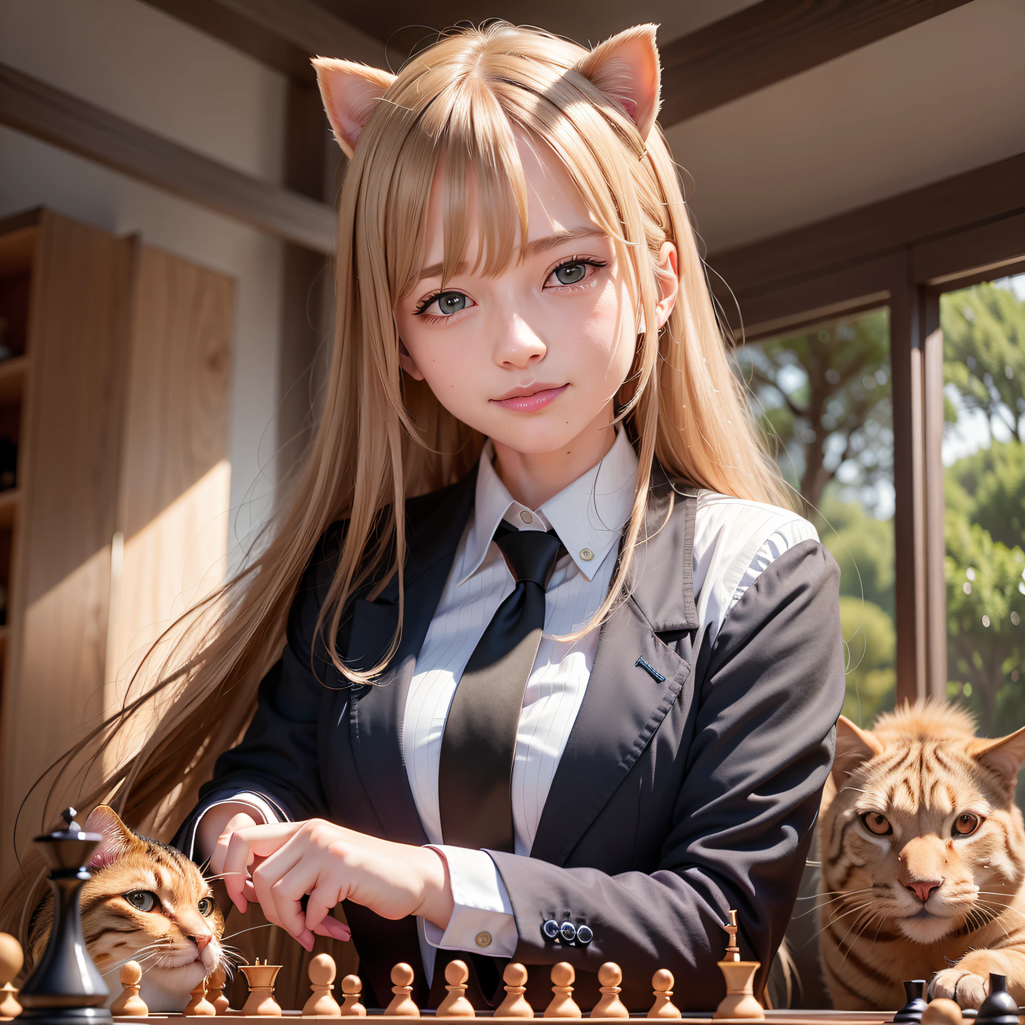 blond haired girl in a suit and tie playing chess with a dog, attractive cat girl, cat playing chess looking wise, !!playing chess!!, anime girl in real life, cats playing chess, anime girl cosplay, beautiful young catgirl, very beautiful anime cat girl, professional cosplay, cosplay photo, anime cosplay, beautiful anime catgirl, anime catgirl