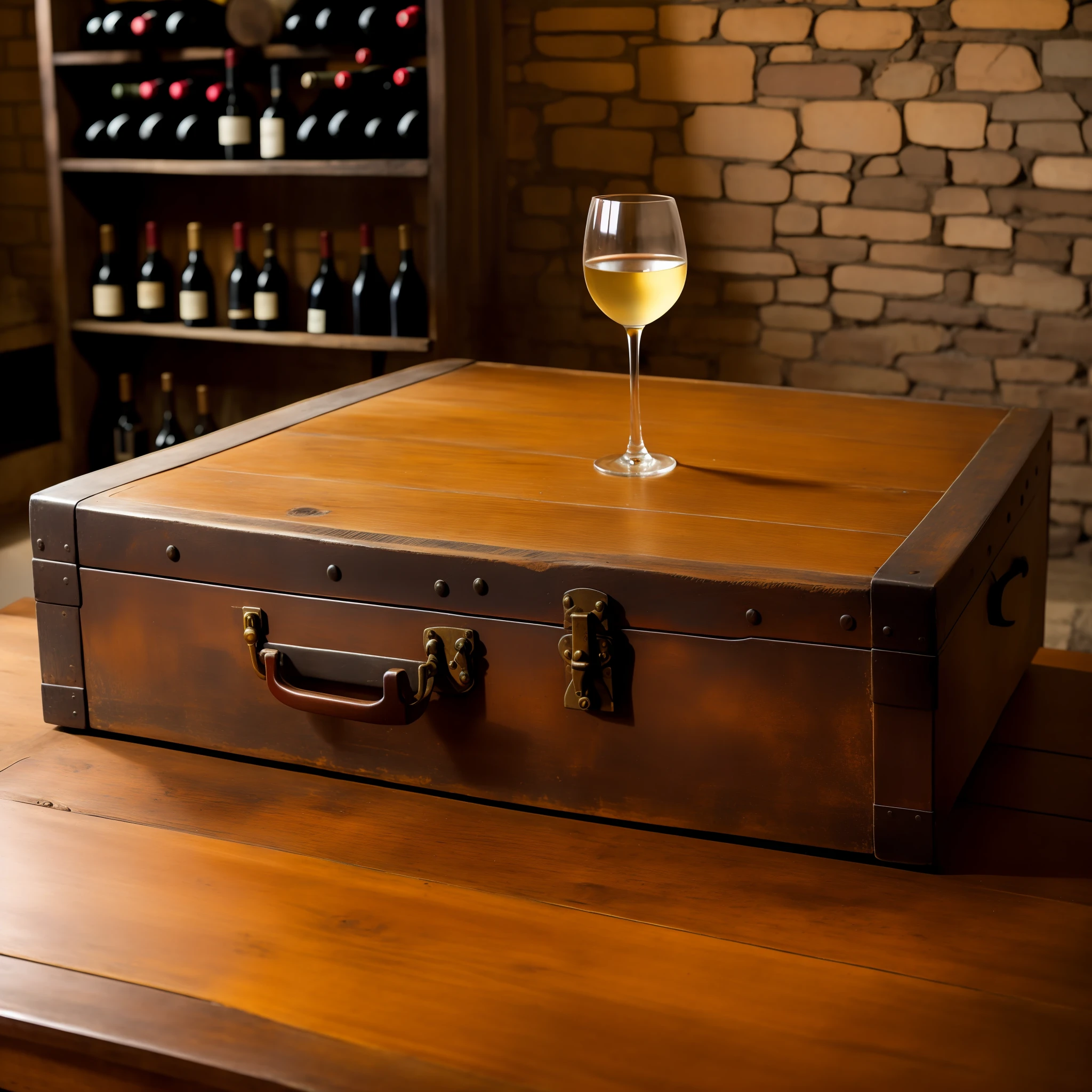 Realistic wine on antique table with cellar background