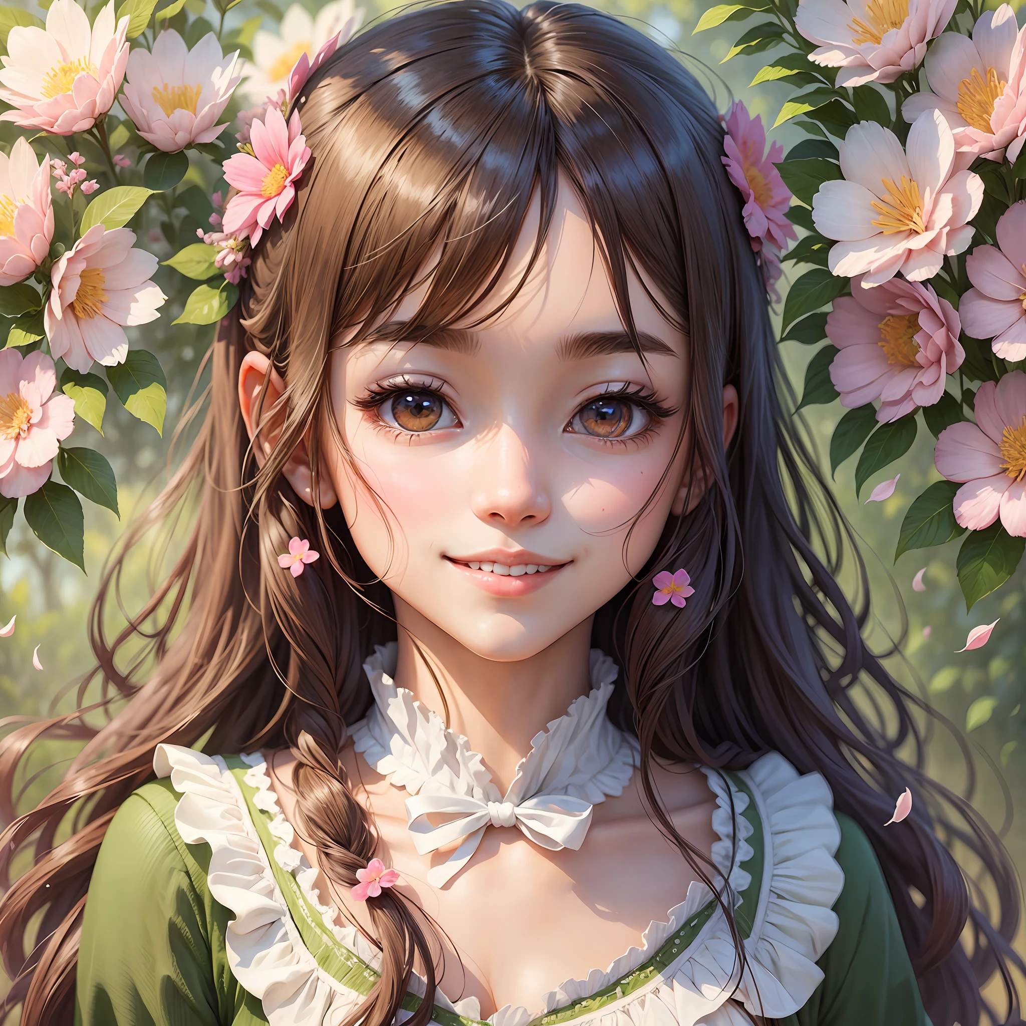 very beautiful aesthetic anime girl, with soft eye look, sutle smile , in the nature, flowers in her hair --auto --s2