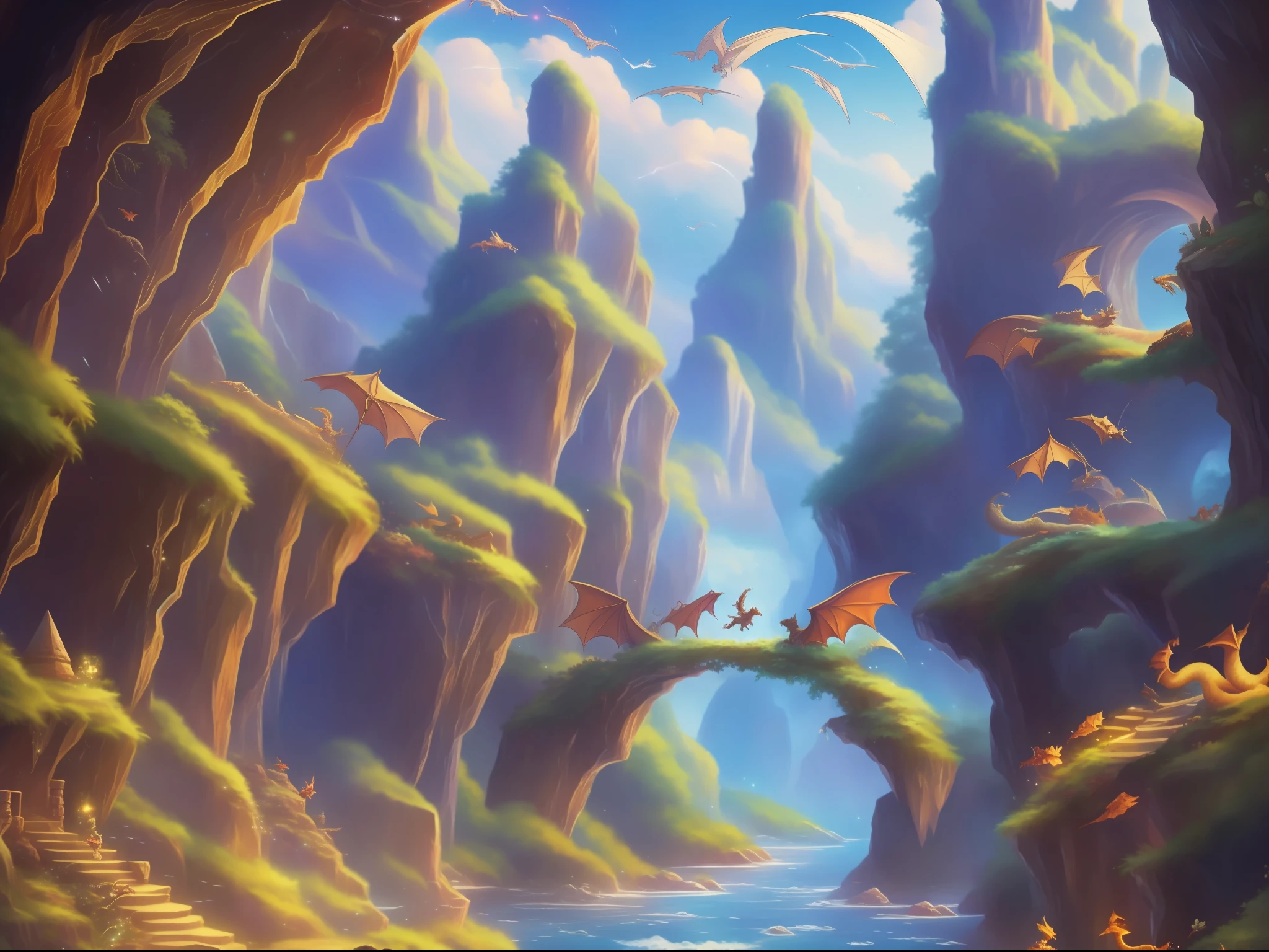 little dragons flying,, magic, cave, enchanted world, anime fantasy, intricate picture, disney style, 8k