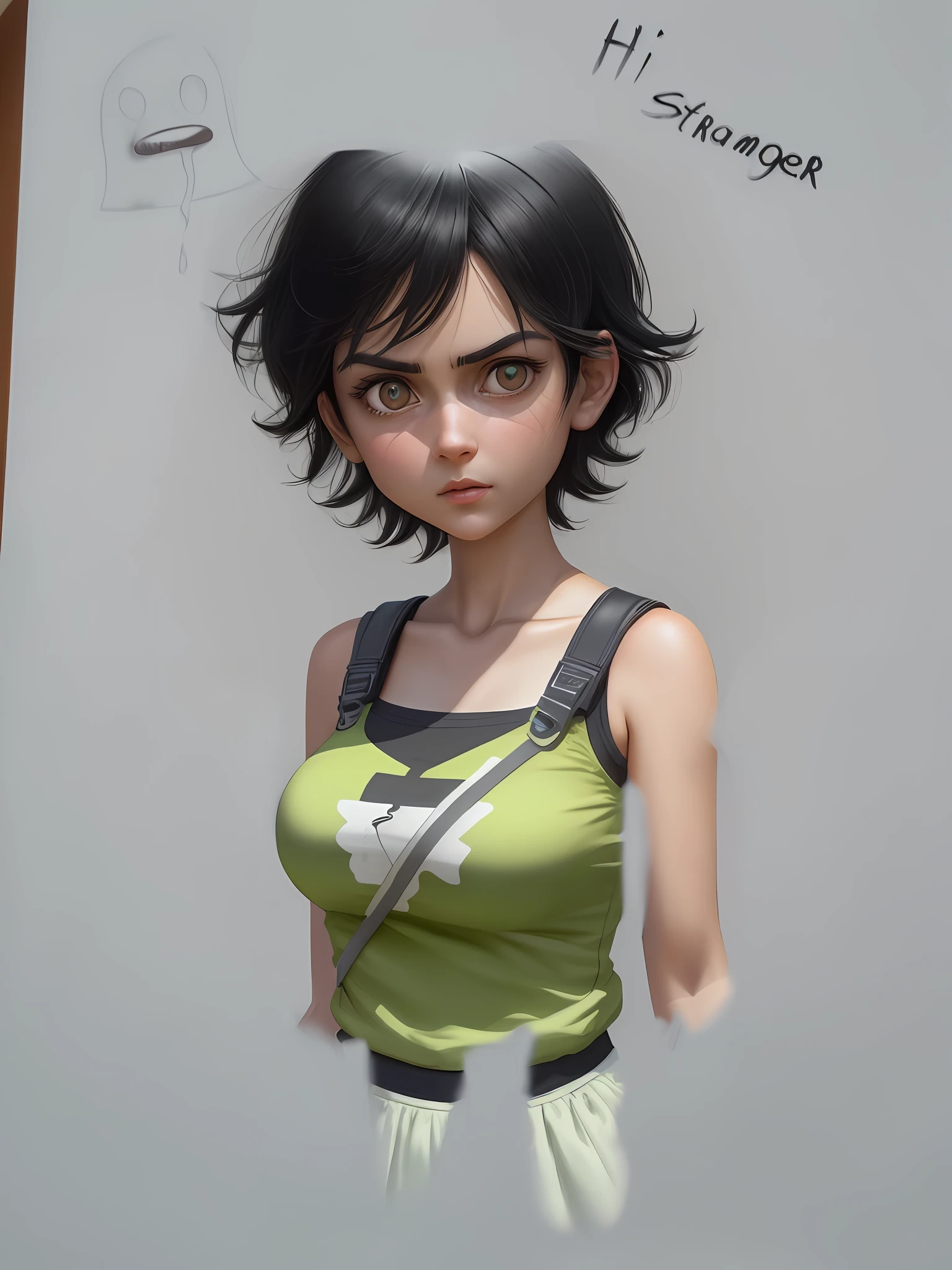 Female cartoon character, orange shirt, green skirt, big eyes, short black hair, 8k, high definition, hyper-realistic, + cinematic plan + dynamic composition, incredibly detailed, sharpness, detail details + night with light + perfectionism + award-winning realism ((ambient lighting))