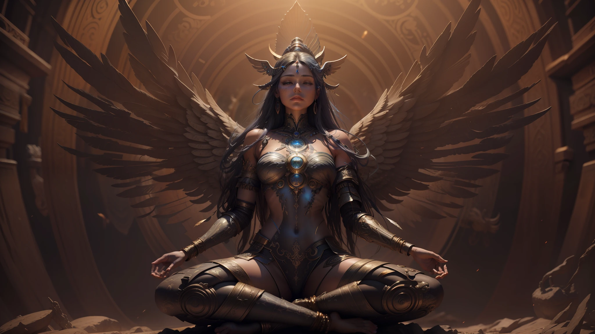 a close up of a statue of a woman with wings, 3 d render of a shaman, a cyborg meditating, by Mark Arian, otherworldly visuals, centered full body pose, she is dressed in shaman clothes, astral patterns, female floating --auto --s2