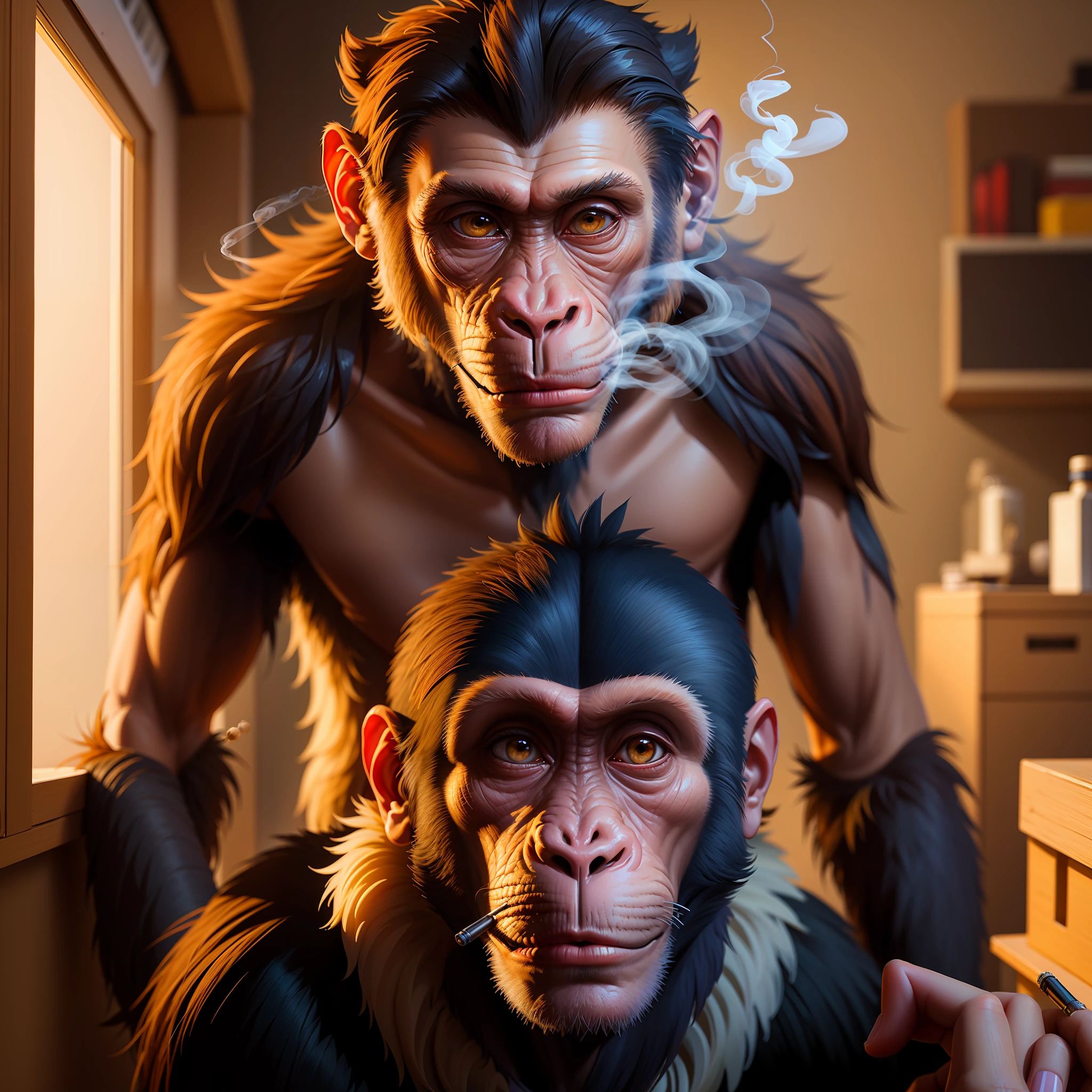 (detailed description) (best quality) monkey smoking a human, (4k), ((extremely realistic digital art))
