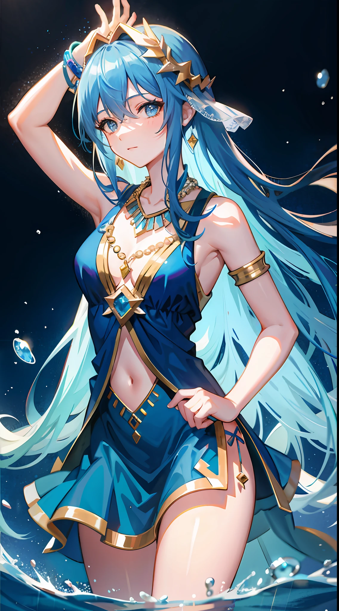 1girl, goddess, immortal, blue clothes, mesopotamia clothes, bare shoulders, blue hair, long hair, hair ornament, necklace,water, detailed background, cowboy shot
