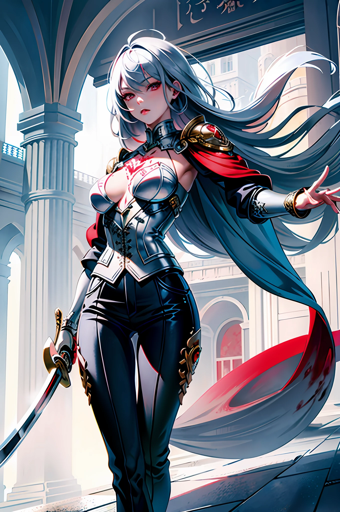 ((masterpiece)), (((best quality))), ((ultra detail)), ((illustration)), ((semi-realistic)), (reflections), sharp focus, front lighting, intense shadows, (beautiful detailed eyes), eyelashes, (extremely delicate and beautiful girl), ((red eye)), silver hair, (jacket), (trousers), long hair, (wielding a katana), ((detailed eyes)), ( cold-blooded), big chest, shiny skin, cinematic lighting mask, ray tracing, depth of field, dynamic angle, looking at the viewer, ((epic background)), (blood on the face 1.2), (difficulty 1.4), highly detailed fingers, highly detailed hand, highly detailed full body, highly detailed face and eyes, fully body views, standing, high detail legs, chest open,