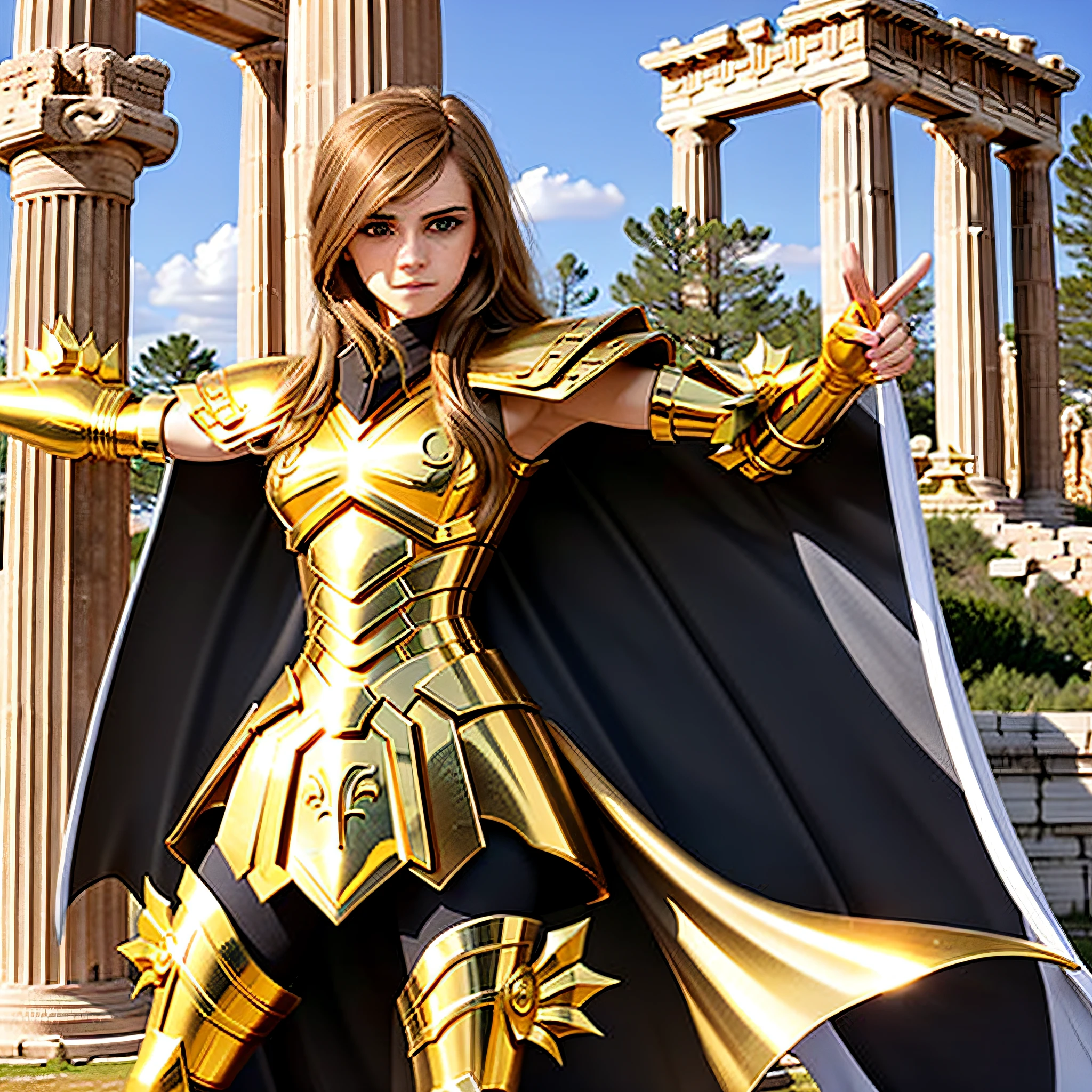 masterpiece, best quality, masterpiece, detailed face, detailed eyes, full body, Emma Watson wearing sexy golden Armor, greek temple ruins in the shore, attack pose, cape,