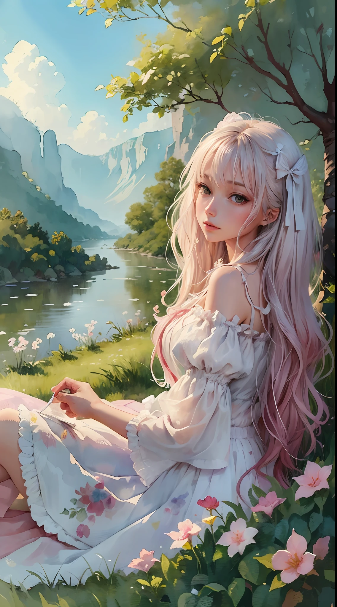 close up, beautiful watercolor-style illustration of a beautiful woman sitting on a grassy hill wearing a flowing dress adorned with ribbons and bows, breeze blow her hair and dress, all while imagining the amazing adventures awaiting her, vivid landscapes, look viewer, drinking tea