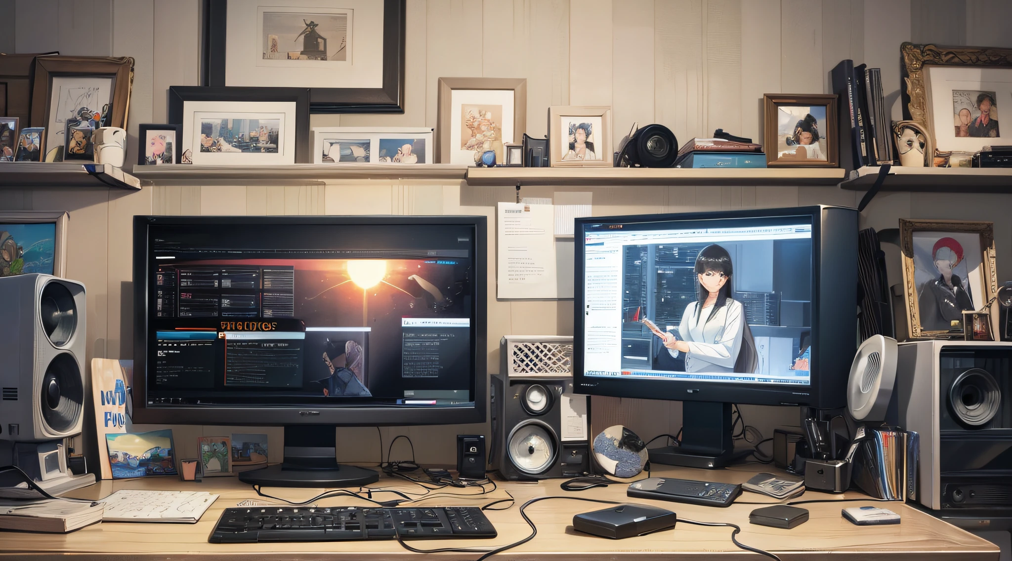 film still, tv switer, flawless, modern, technological, 2080s sitcom style, 2 computer monitors, no paintings, sophisticated, symbolic --auto --s2