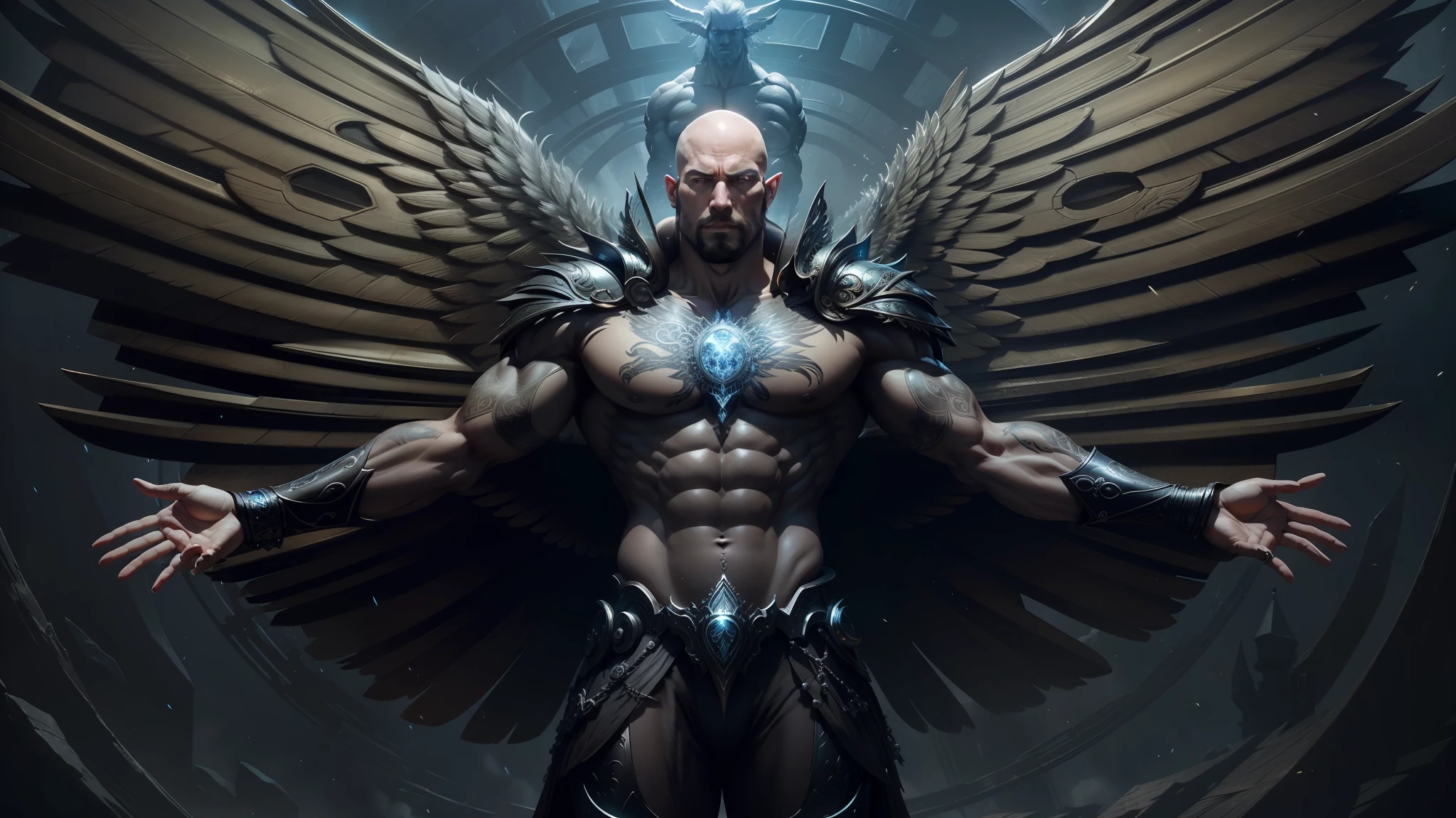 a closeup of a man with a large body and wings, still from a fantasy movie, intricate symmetrical artwork, highly detailed cybernetic body, inspired by Keos Masons, by Adam Marczyński, muscular bald head, cinematic rendering, by Matteo Pérez, skin silver male elf phoenix rising he --auto --s2