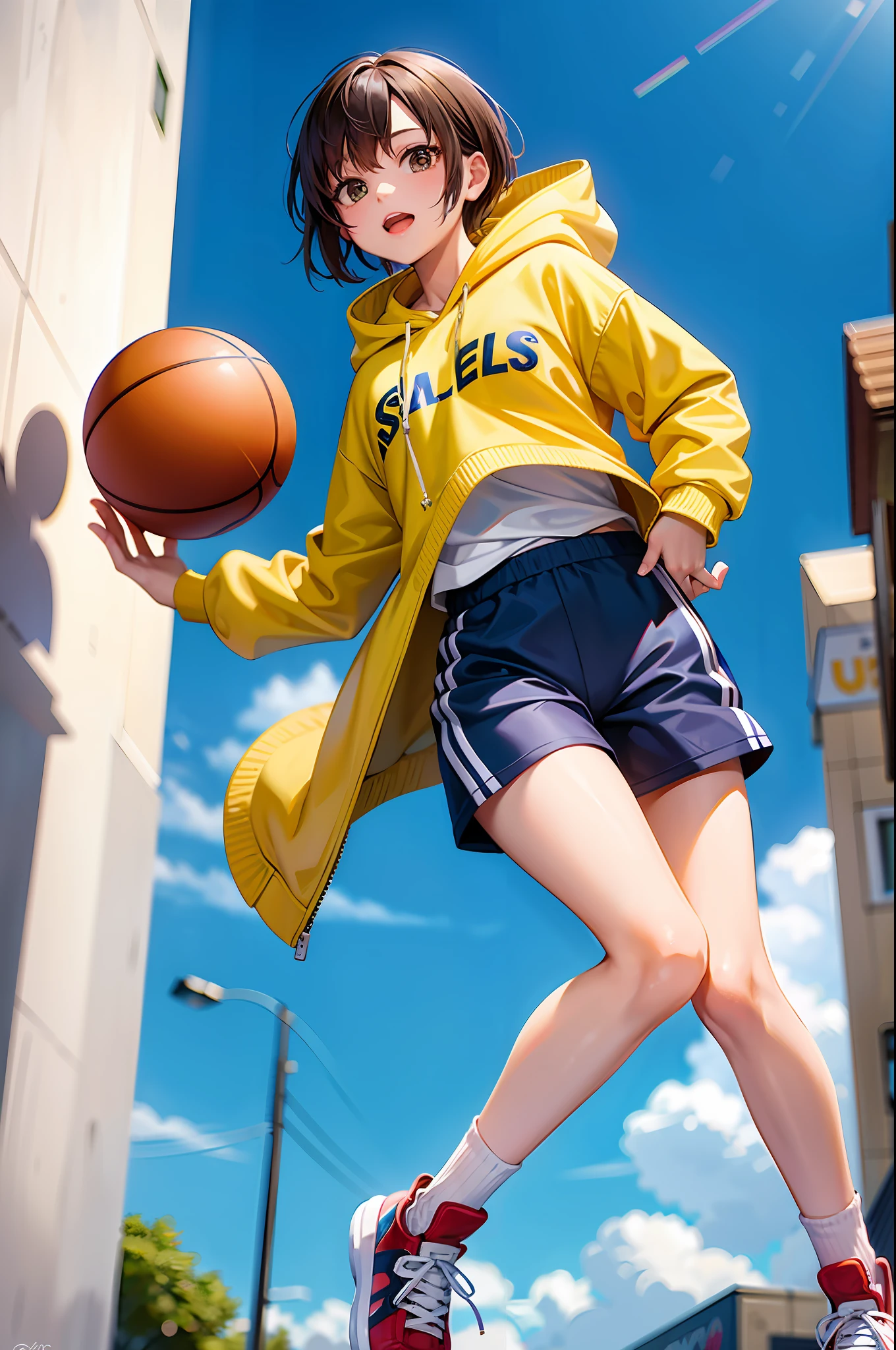 best quality,masterpiece,ultra high res,(photo realistic:1.4), (upper body:1.3),
BREAK,
"A girl is playing street basketball.",
"The girl is wearing a hoodie, short pants and sneakers",
"She has skill and confidence.",
BREAK,
"This scene is set in a lively street with walls covered in colorful graffiti and a basketball hoop attached to one of walls.",
"Capture the moment when a girl prepares for a dunk shot.",
BREAK,
very short hair, jumping high,
shooting, basketball movements, urban environment, visually appealing illustrations, basketball coat, walls covered in colorful graffiti, basketball hoop,