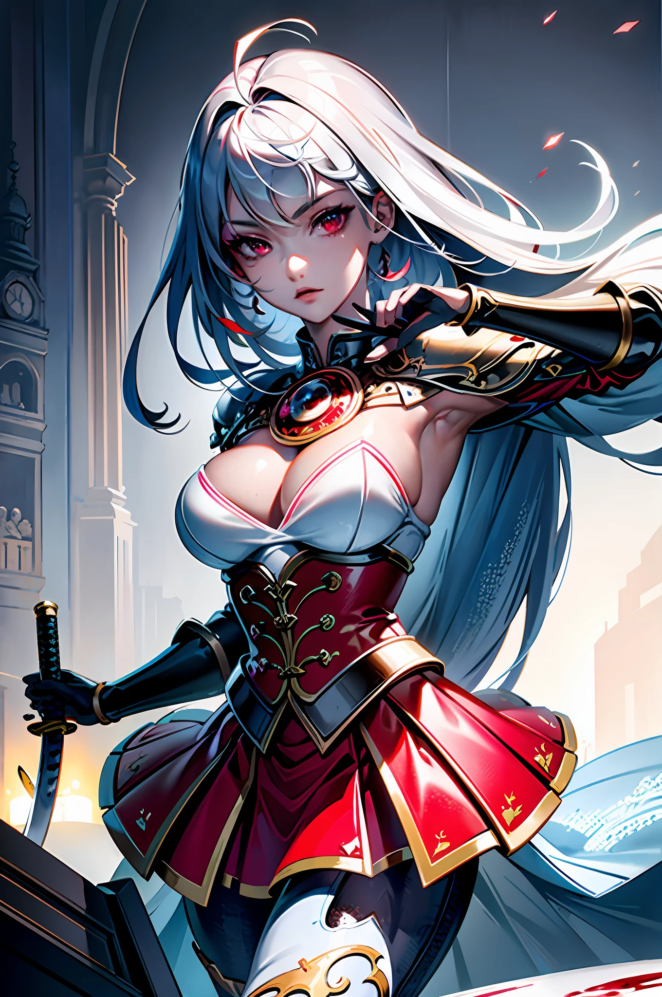 ((masterpiece)), (((best quality))), ((ultra detail)), ((illustration)), ((semi-realistic)), (reflections), sharp focus, front lighting, intense shadows, (beautiful detailed eyes), eyelashes, (extremely delicate and beautiful girl), ((red eye)), silver hair, (jacket), (trousers), long hair, (wielding a katana), ((detailed eyes)), ( cold-blooded), big chest, cleavages, shiny skin, cinematic lighting mask, ray tracing, depth of field, dynamic angle, looking at the viewer, ((epic background)), (blood on the face 1.2), (difficulty 1.4), highly detailed fingers, highly detailed hand, highly detailed full body, highly detailed face and eyes, fully body views, standing, high detail legs,