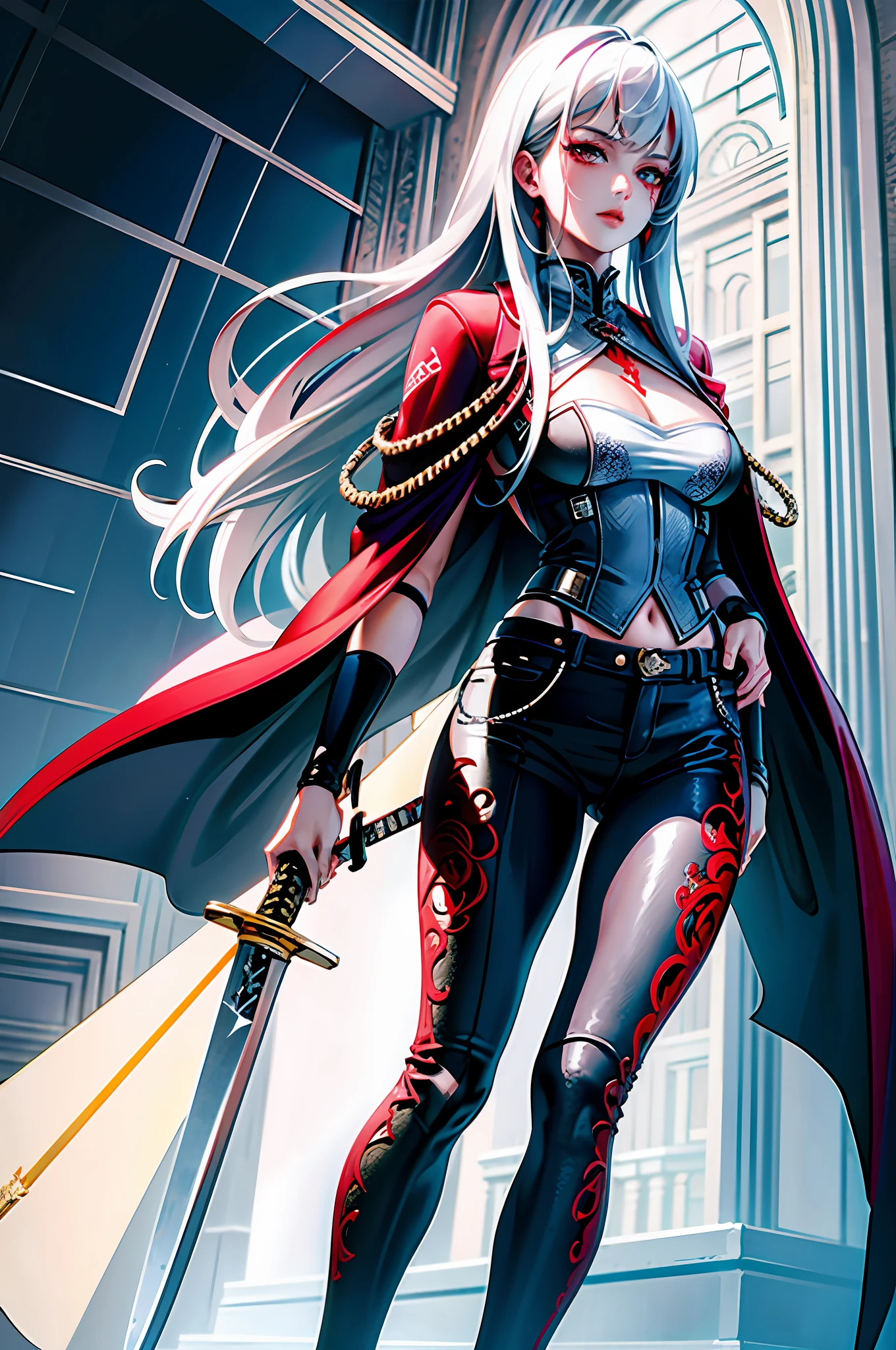((masterpiece)), (((best quality))), ((ultra detail)), ((illustration)), ((semi-realistic)), (reflections), sharp focus, front lighting, intense shadows, (beautiful detailed eyes), eyelashes, (extremely delicate and beautiful girl), ((red eye)), silver hair, (jacket), (trousers), long hair, (wielding a katana), ((detailed eyes)), ( cold-blooded), big chest, cleavages, shiny skin, cinematic lighting mask, ray tracing, depth of field, dynamic angle, looking at the viewer, ((epic background)), (blood on the face 1.2), (difficulty 1.4), highly detailed fingers, highly detailed hand, highly detailed full body, highly detailed face and eyes, fully body views, standing, high detail legs, highly details breast, separate legs, highly details thighs, beautiful body, white skin, wet body, wet hair,