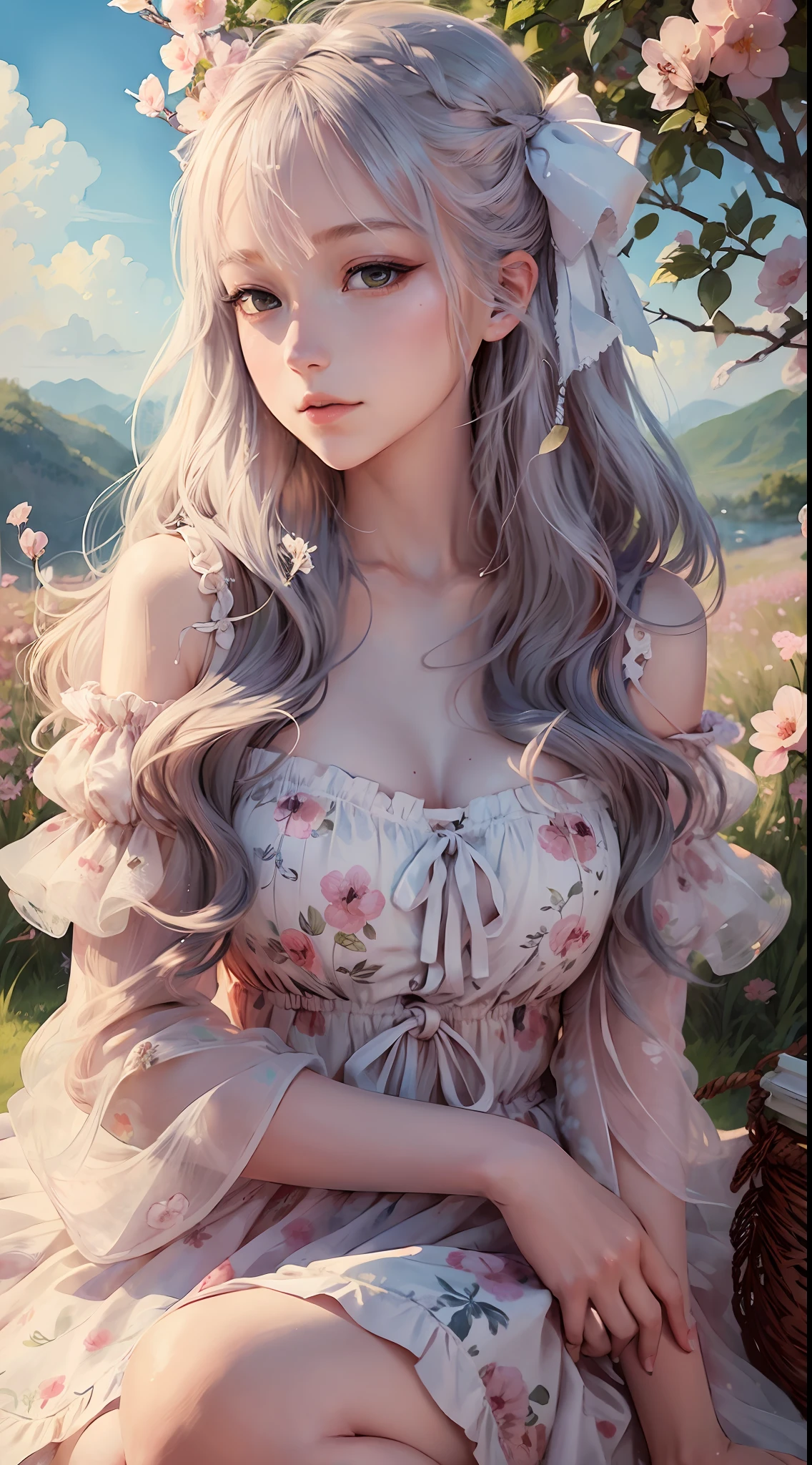 close up, beautiful watercolor-style illustration of a beautiful woman sitting on a grassy hill wearing a flowing dress adorned with ribbons and bows, breeze blow her hair and dress, all while imagining the amazing adventures awaiting her, vivid landscapes, look viewer, drinking tea