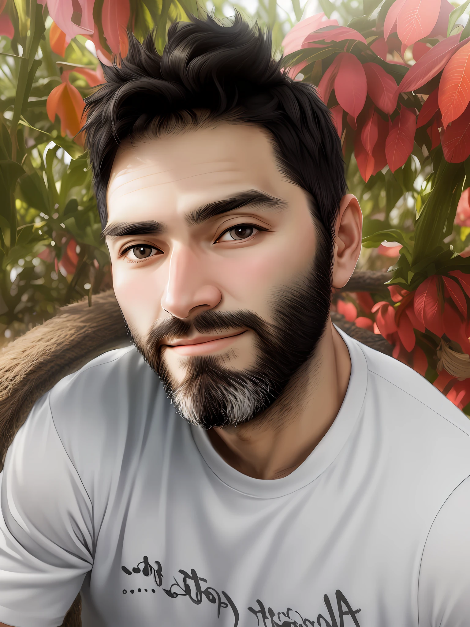 A 30-year-old man, short black hair? Short black beard, black eyes