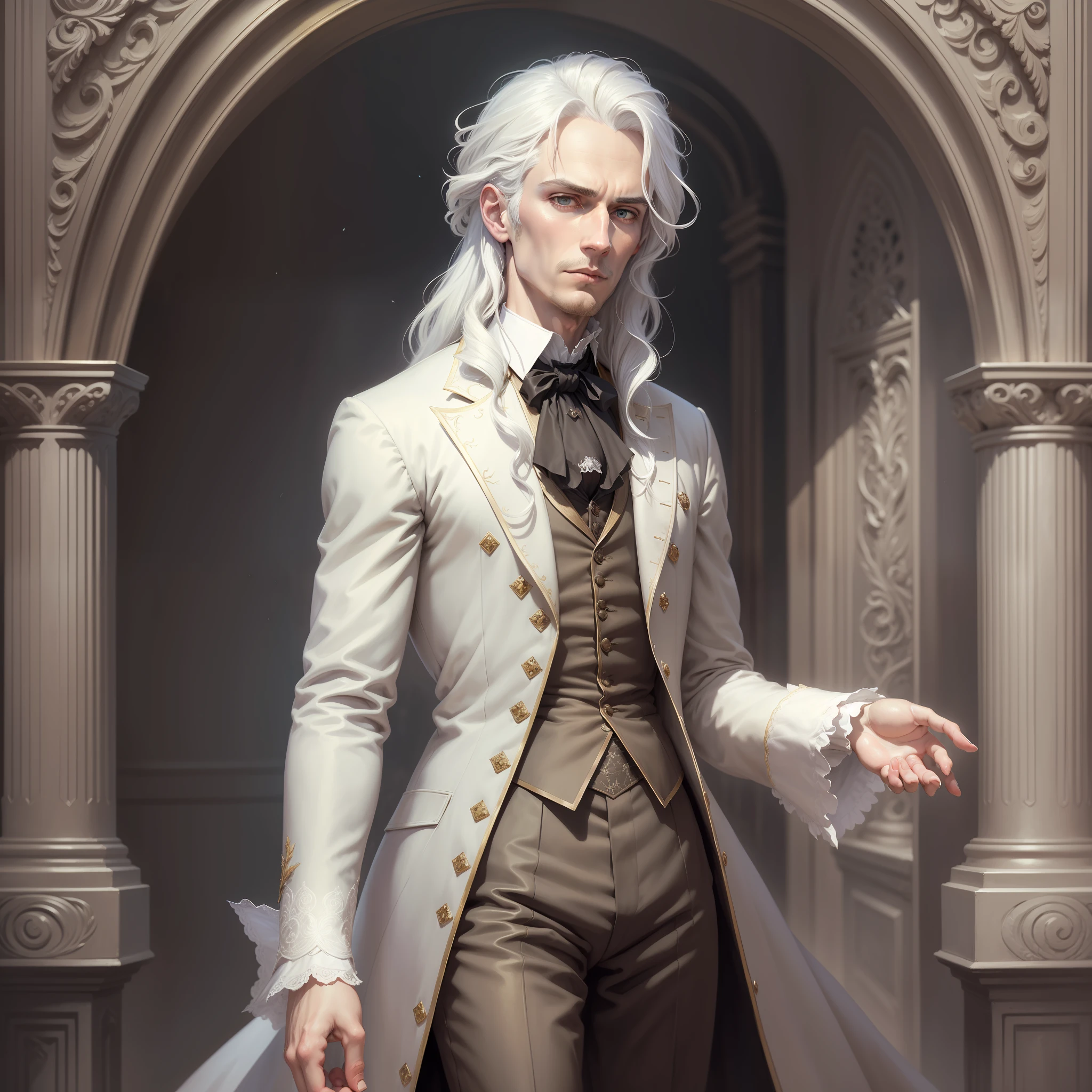 handsome man,magician,sad brown eyes,pale skin,long detailed white hair,detailed face,full length,slim, thin face,detailed Victorian clothing,soft light,detailed soft pastel painting,amazing look,dynamic pose, magic forest,magic lights,Caspar David Friedrich,Jean-Baptiste Monge,art