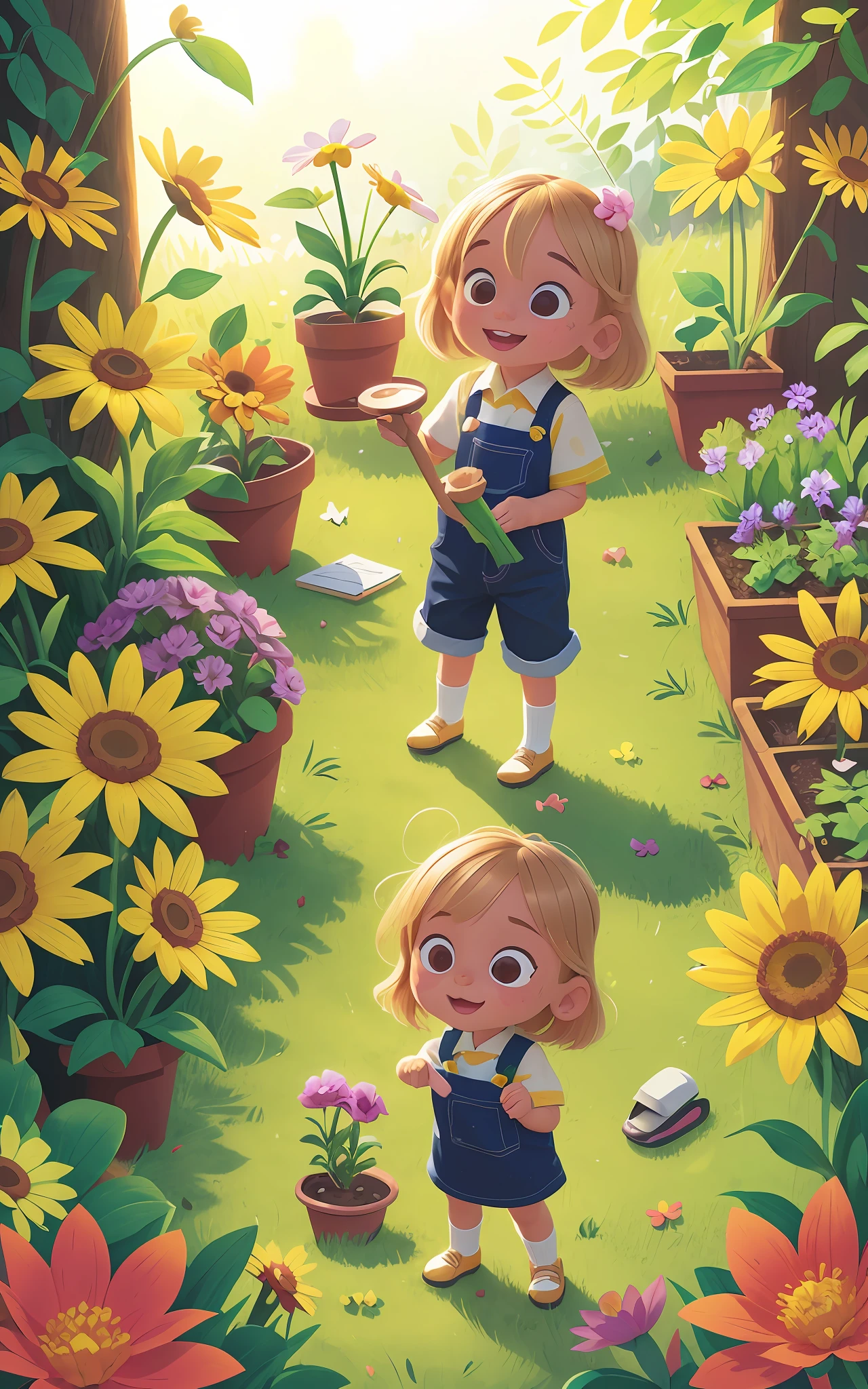 , blonde, wearing gardener's clothes, growing plants and a flower garden, drawing type comic books, comics, children's literature.