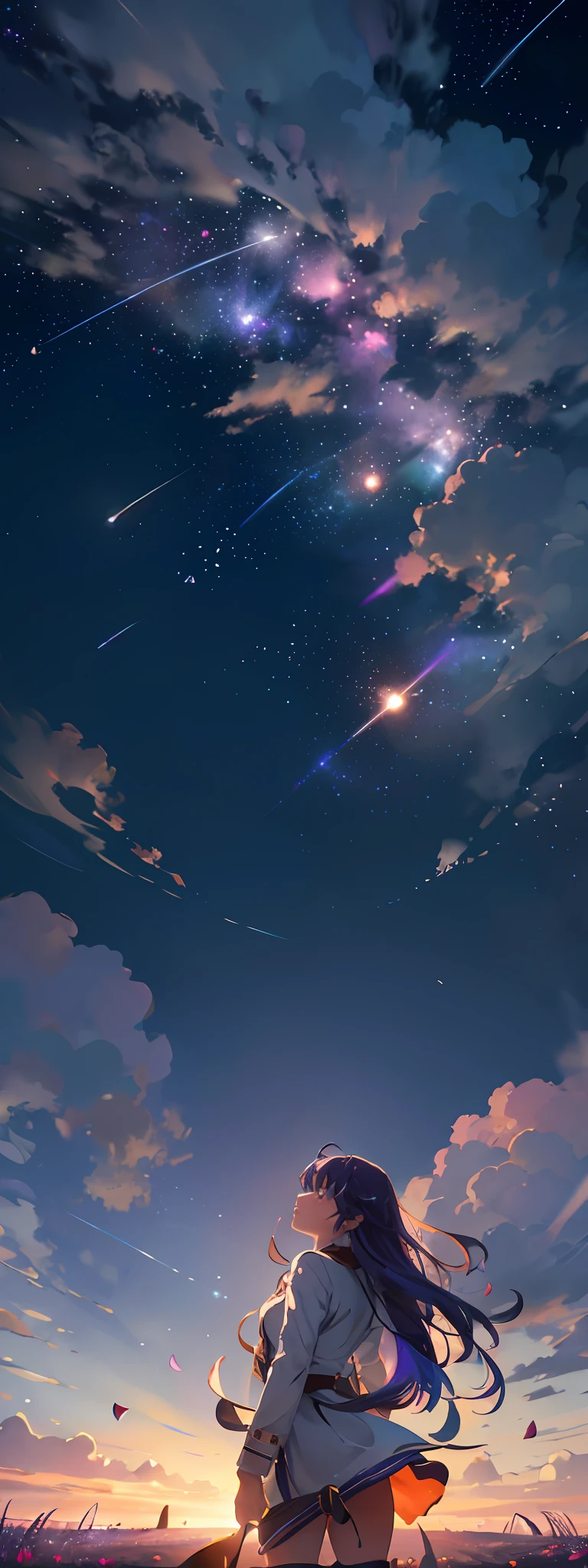 expansive landscape photography, (a view from below that shows the sky above and the open field below), a girl standing in a field of flowers looking up and a boy coming to hug her from behind (full moon: 1.2), (shooting stars: 0.9), (nebula: 1.3), distant mountain, tree production art, (hot light source: 1.2), (Firefly: 1.2), lamp, very purple and orange, complex details, volumetric lighting, realism BREAK (masterpiece: 1.2), (best quality), 4k, ultra-detailed, (dynamic composition: 1.4), highly detailed, colorful details, (iridescent colors: 1.2), (bright lighting, atmospheric lighting), dreamy, magical, (solo: 1.2)