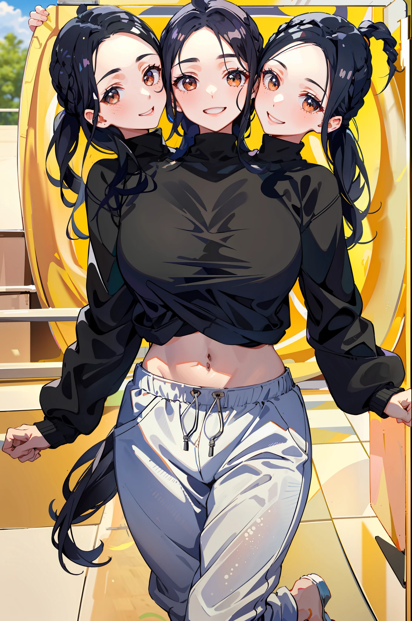 3heads, best quality, masterpiece
3 girls, black hair, identical hair color, smiling, running, sweatshirt, sweatpants, outdoors
((three heads, 3head):1.5)