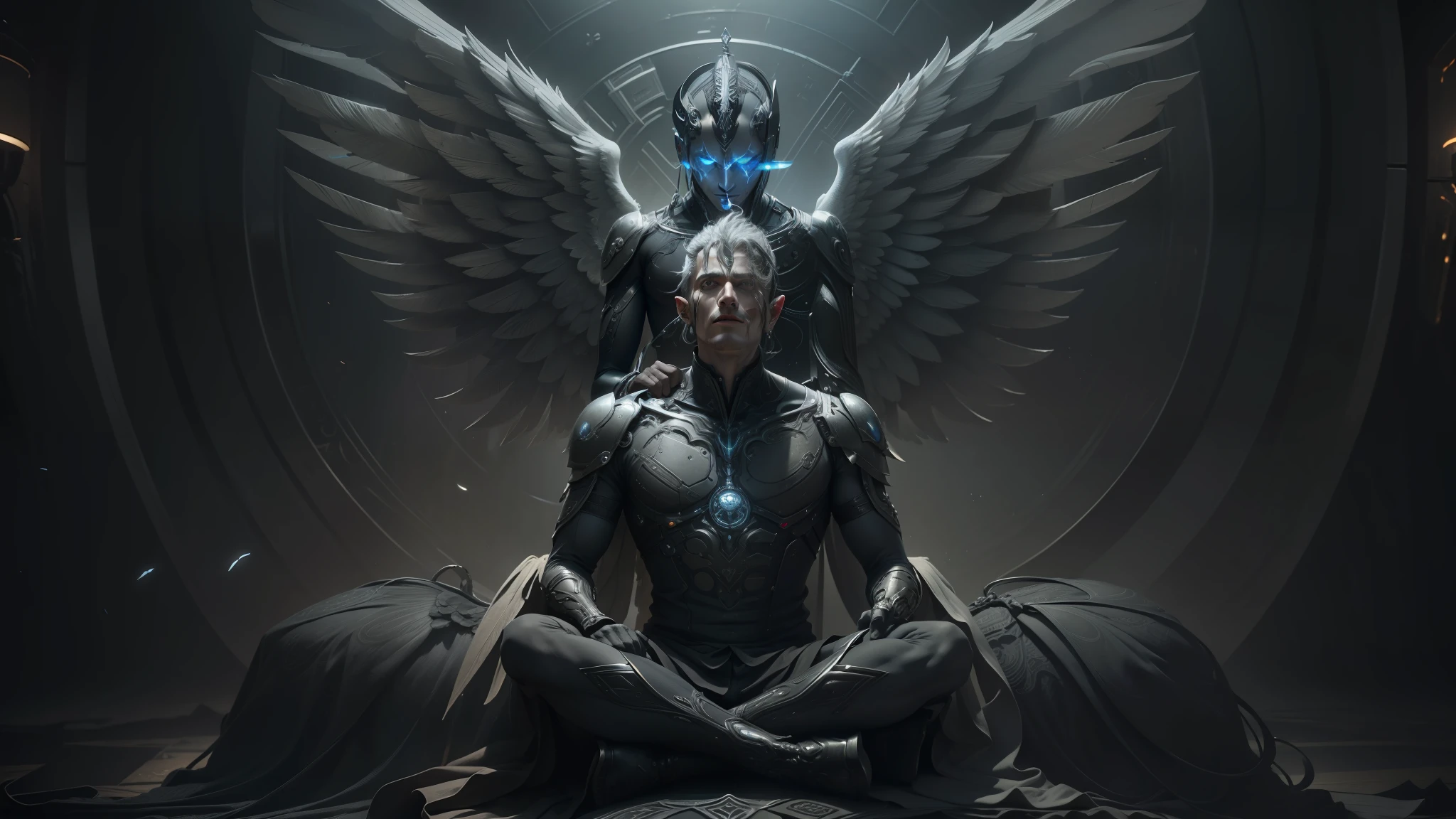 a man sitting in a chair with wings on his head, psytrance artwork, still frame from prometheus, gray anthropomorphic, highly detailed symmetry, angel versus devil, photo manipulation, monk, artistic render, fullbody painting, centred in image, cybernetic --auto --s2