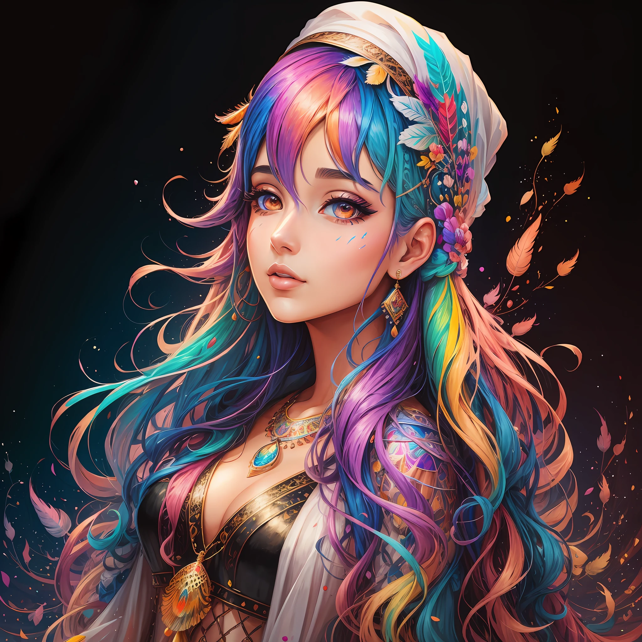 Painting of a very realistic "Syrian woman" with colored hair and a feather, beautiful UHD 4K art, colorful art, beautiful digital art, beautiful digital art, stunning digital illustration, vibrant digital painting, colorful digital painting, a beautiful art illustration, 8k stunning art, colorful digital fantasy art, exquisite digital illustration, colorful digital art, beautiful digital art, Colorful illustration --auto --s2