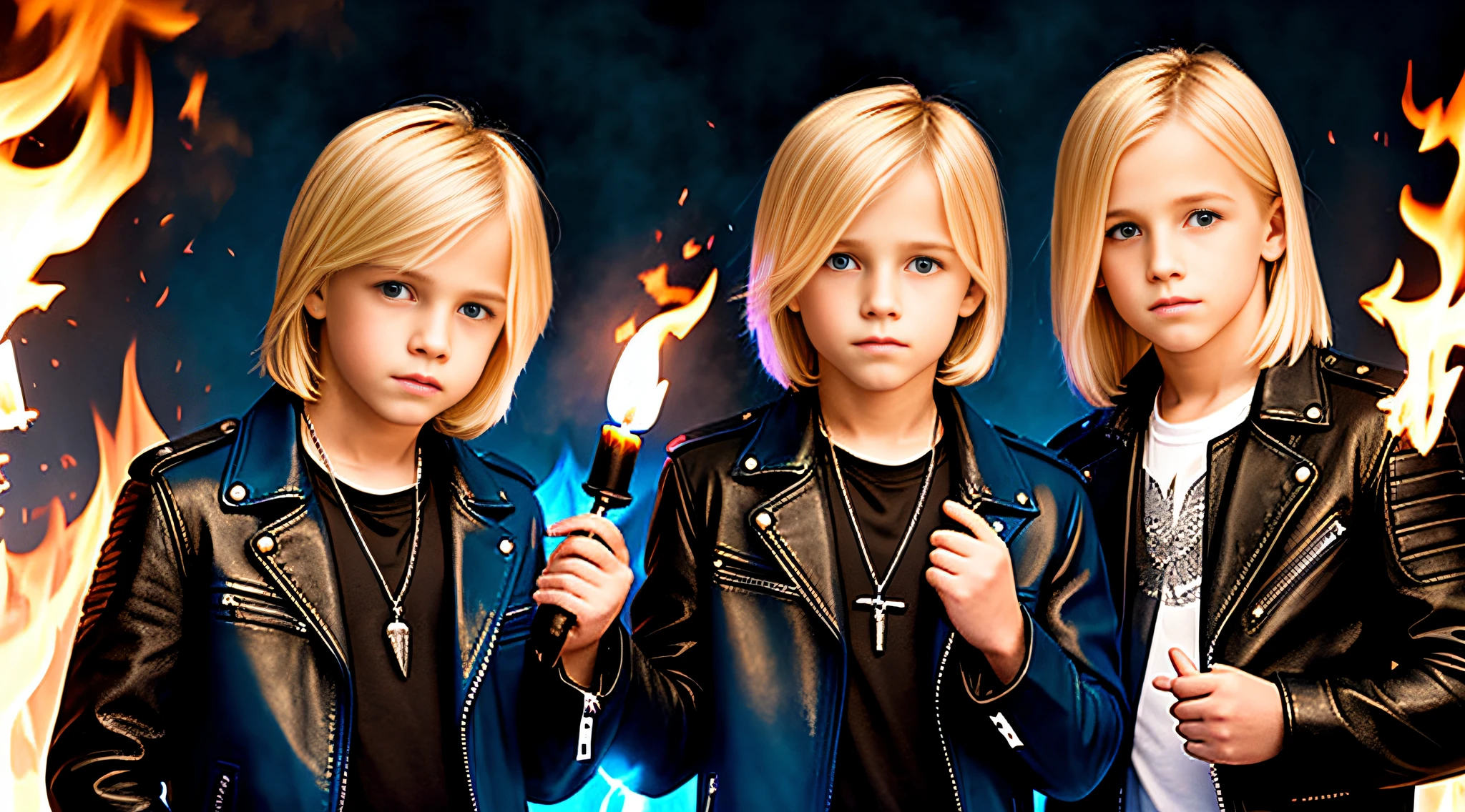 blonde boys WITH STRAIGHT HAIR, PETROLEUM BLUE BACKGROUND, ANGEL ROASTS, torches of fire in the hands, black leather jacket and black clothing. .