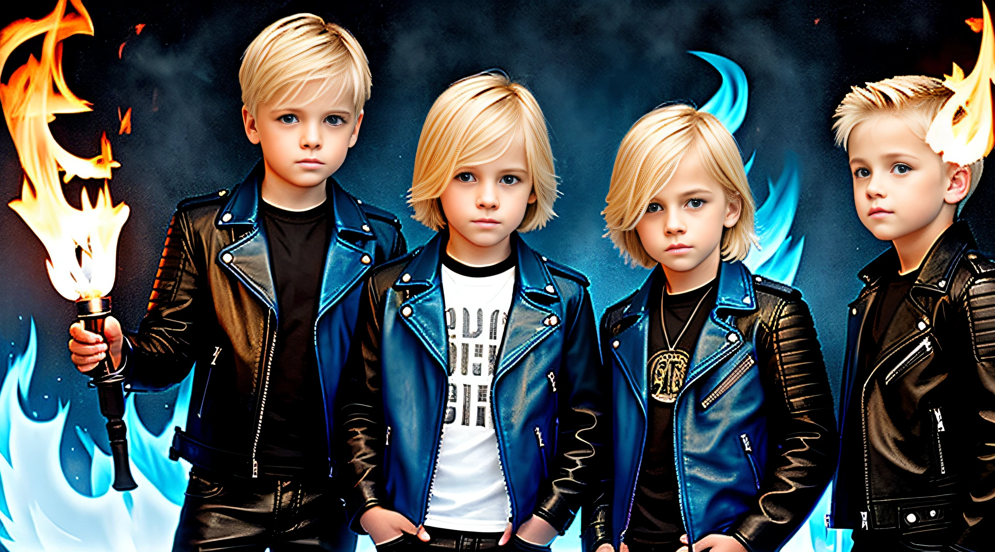 blonde children boys WITH STRAIGHT HAIR, PETROLEUM BLUE BACKGROUND, ANGEL ROASTS, torches of fire in the hands, black leather jacket and black clothing. .