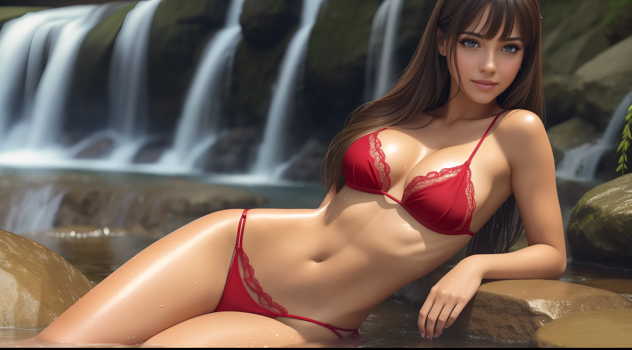a latin woman 22 years,latina, top quality, masterpiece, illustration, very delicate and beautiful, highly detailed, CG, unit, 8k wallpaper, amazing, detailed, masterpiece, top quality, official art, highly detailed CG 8k wallpaper unit, huge file size, super detailed, high resolution, highly detailed, beautiful detailed girls, highly detailed eyes and faces, beautiful detailed eyes, (RAW photos, best quality), (realistic, photorealistic: 1.3), light on face, full body, full body shot, micro red lace bikini , (small cloth area),thigh opening, long hair, (realistic eyes),(full breasts),((wide hip)), bangs, ((waterfall background)),(smile), happy, standing pose,looking at the viewer,hip waist, sexy,temptation, dark eyeliner, long eyelashes, flushed cheeks, attractive lips, wet skin.