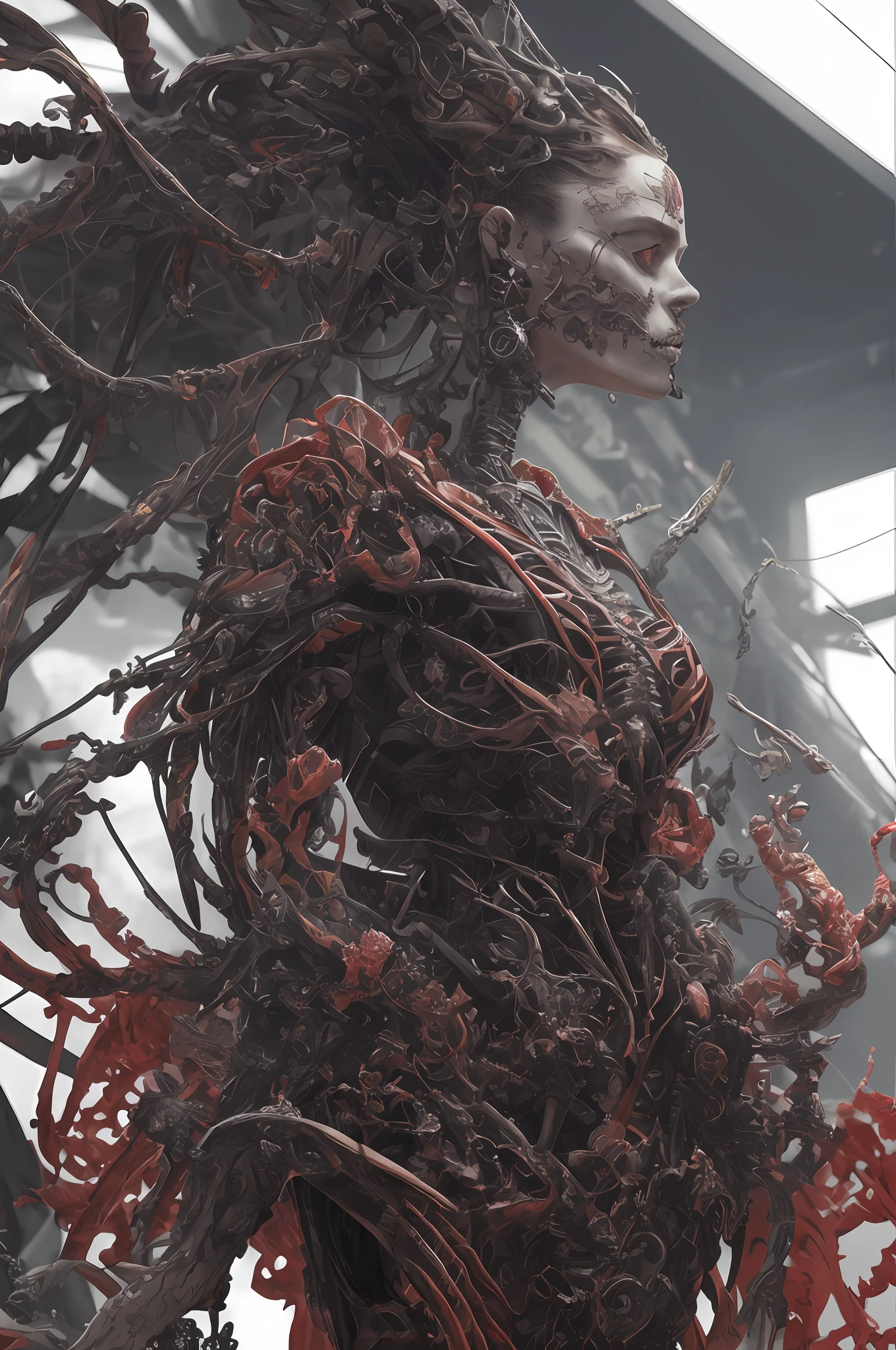 complex 3d render ultra detailed beautiful death angel, biomechanical cyborg, analog 150 mm lens, beautiful natural soft rim light, neon vein, roots, fine foliage lace, colorful details, Boris Bidjan Saberi outfit, pearl earrings, piercing, art nouveau fashion embroidered, intricate details, mesh wire, mandelbrot fractal, facial muscles, cable wires, microchip, badass, hyper realistic, ultra detailed, octane render, volumetric lighting, 8k post-production, red and white with a bit of black, detailled metalic bones, semi human, iridescent colors, Glenn Brown style, futuristic room, power of the god, high-angle shot, complex body poses