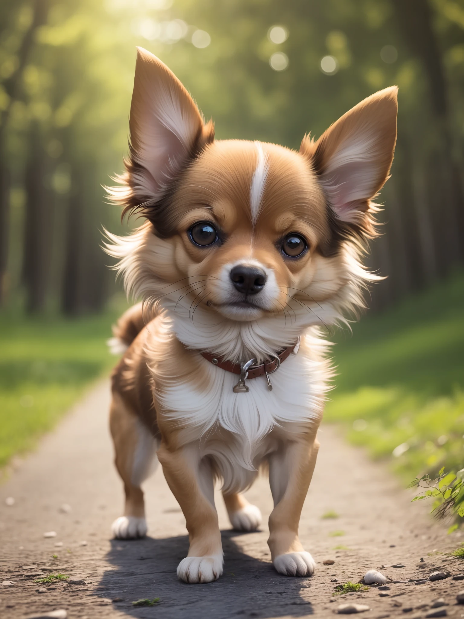 masterpiece, photorealistic 8k: there is a small dog that is standing on the ground, long-chihuahua fur, chihuahua, small dog, Pomeranian mix, brown:-2, secular chrose, half dog, beta male, Peruvian look, backpfeifengesicht, a beautiful, bright, malika favre, by Emma Andijewska, emaciated male --auto --s2