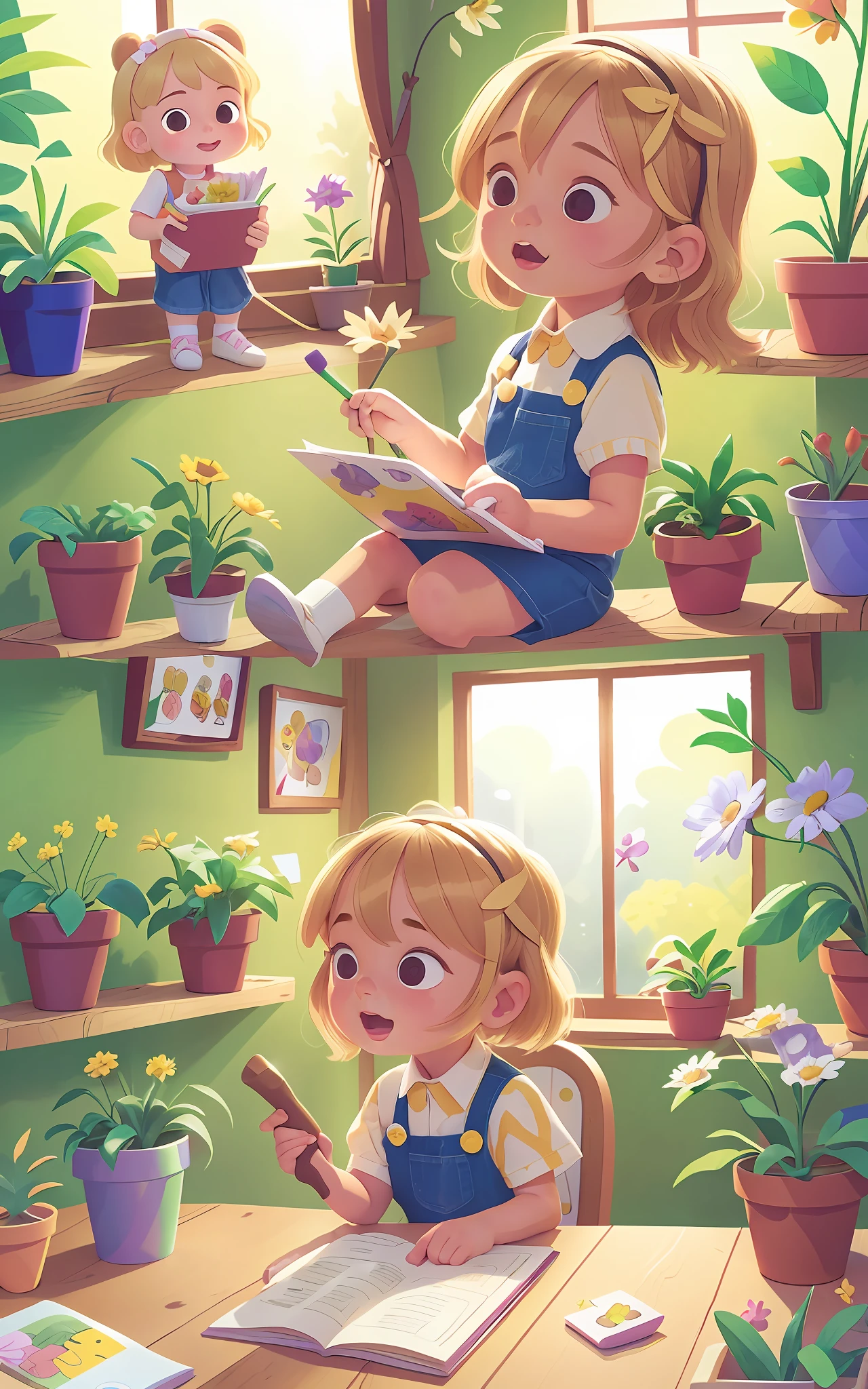 5-year-old girl, blonde, wearing gardener's clothes, growing plants and a flower garden, drawing type comic books, comics, children's literature.